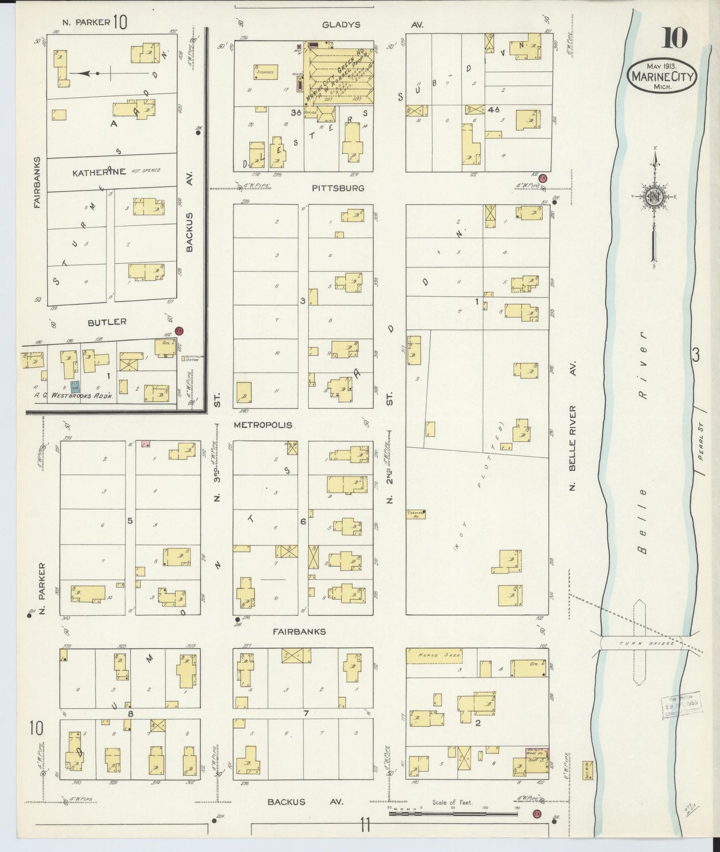 Sanborn Fire Insurance Map from Marine City, Saint Clair County, Michigan (1913), Sheet #0010 - Complete Map Set gallery image, historic Sanborn map, vintage wall art, Michigan Michigan
