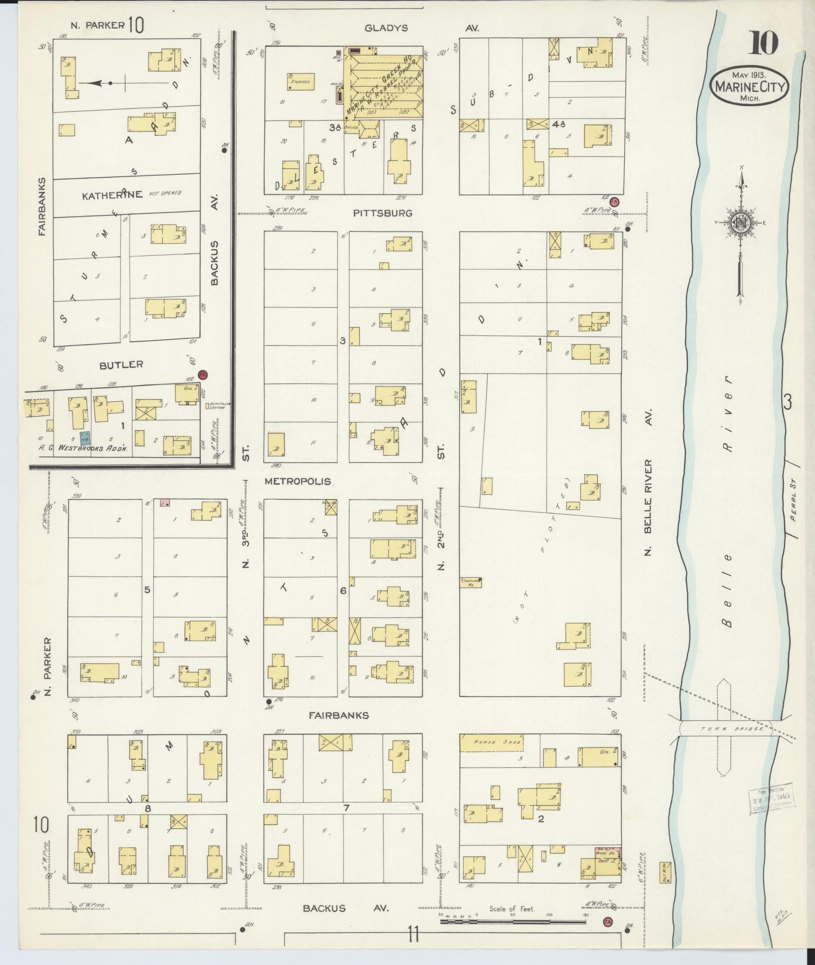 Sanborn Fire Insurance Map from Marine City, Saint Clair County, Michigan (1913), Sheet #0010 - Complete Map Set gallery image, historic Sanborn map, vintage wall art, Michigan Michigan