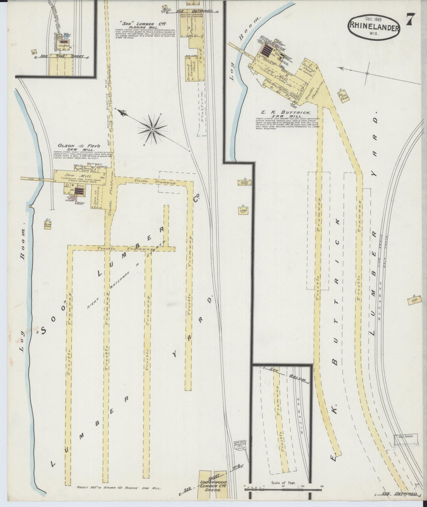 Sanborn Fire Insurance Map from Rhinelander, Oneida County, Wisconsin (1889), Sheet #0007 - Complete Map Set gallery image, historic Sanborn map, vintage wall art, Wisconsin Wisconsin