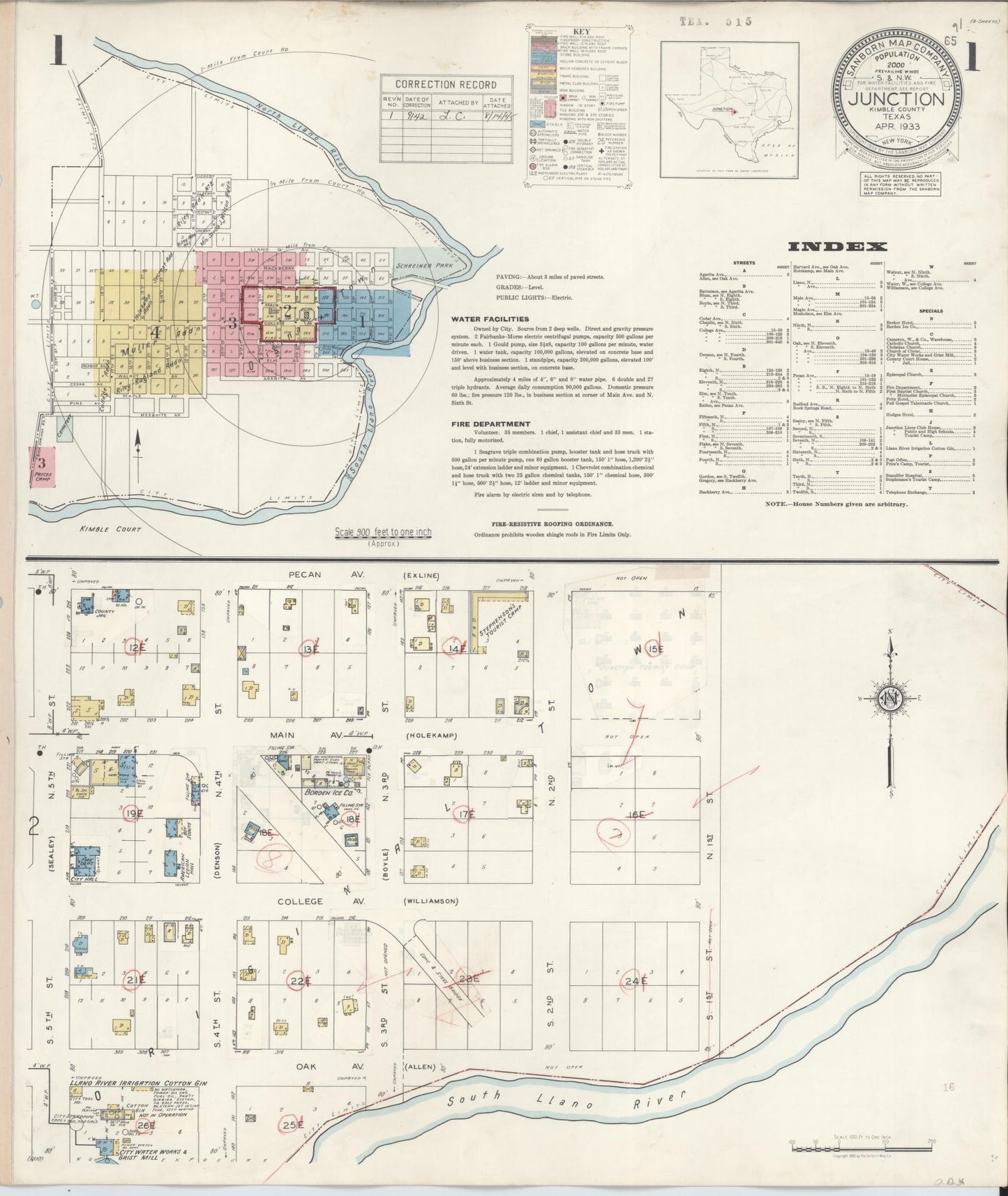 Sanborn Fire Insurance Map from Junction, Kimble County, Texas (1942), Sheet #0001 - Historic Sanborn Fire Insurance Map Print, vintage old map wall art, antique decor, genealogy gift, Texas Texas map