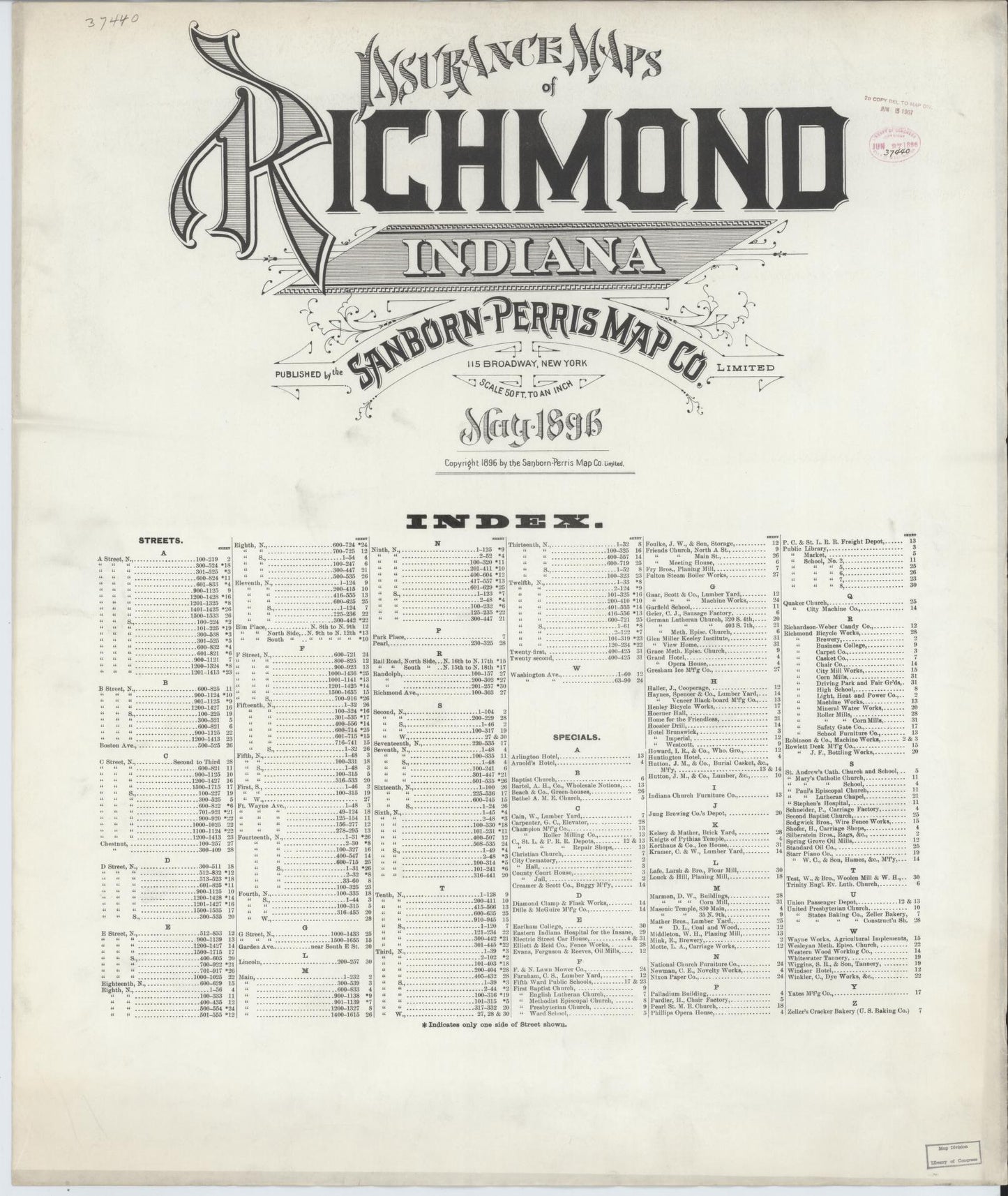 Sanborn Fire Insurance Map from Richmond, Wayne County, Indiana (1896), Sheet #0001 - Historic Sanborn Fire Insurance Map Print, vintage old map wall art, antique decor, genealogy gift, Indiana Indiana map