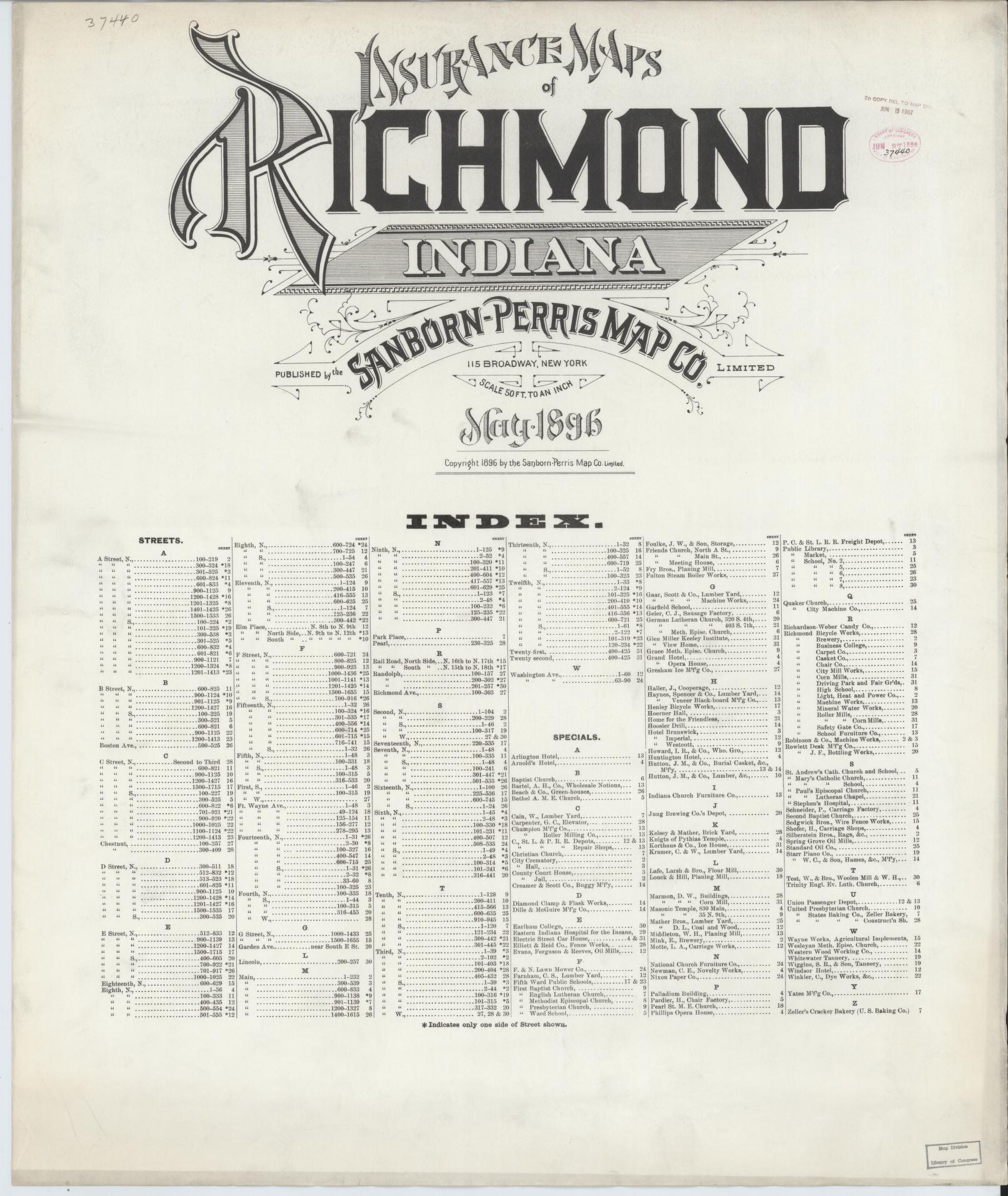 Sanborn Fire Insurance Map from Richmond, Wayne County, Indiana (1896), Sheet #0001 - Historic Sanborn Fire Insurance Map Print, vintage old map wall art, antique decor, genealogy gift, Indiana Indiana map