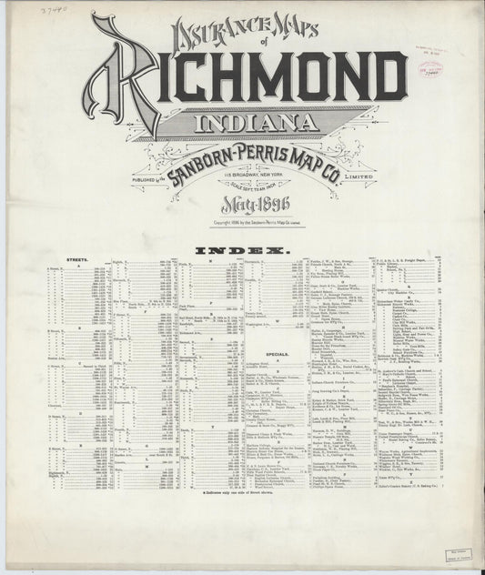 Sanborn Fire Insurance Map from Richmond, Wayne County, Indiana (1896), Sheet #0001 - Historic Sanborn Fire Insurance Map Print, vintage old map wall art, antique decor, genealogy gift, Indiana Indiana map