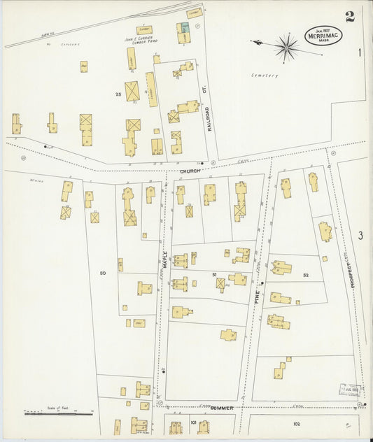 Sanborn Fire Insurance Map from Merrimac, Essex County, Massachusetts (1907), Sheet #0002 - Historic Sanborn Fire Insurance Map Print, vintage old map wall art, antique decor, genealogy gift, Massachusetts Massachusetts map