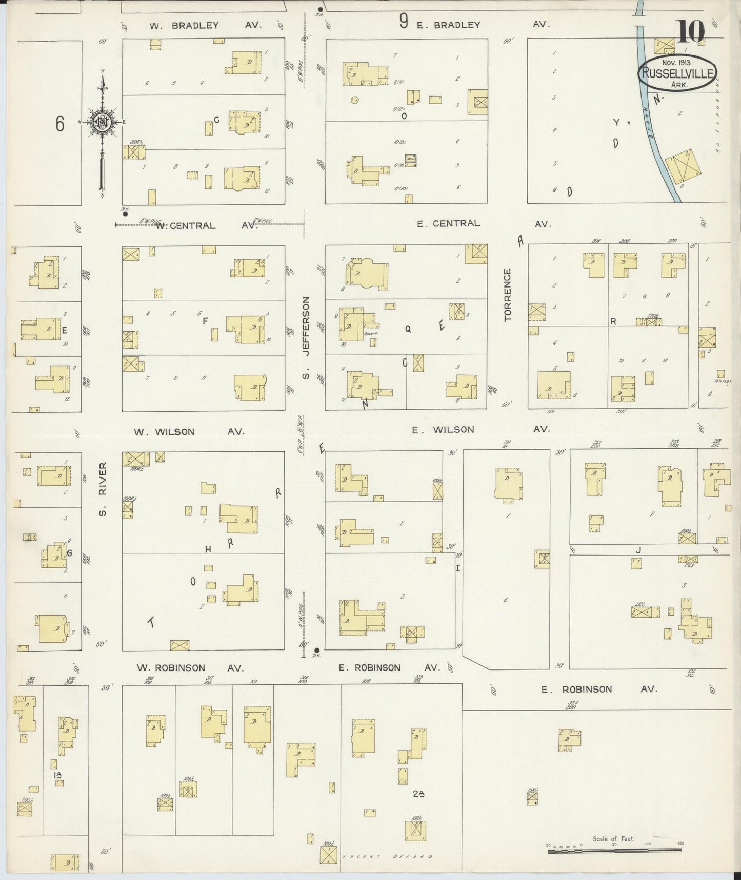 Sanborn Fire Insurance Map from Russellville, Pope County, Arkansas (1913), Sheet #0010 - Complete Map Set gallery image, historic Sanborn map, vintage wall art, Arkansas Arkansas