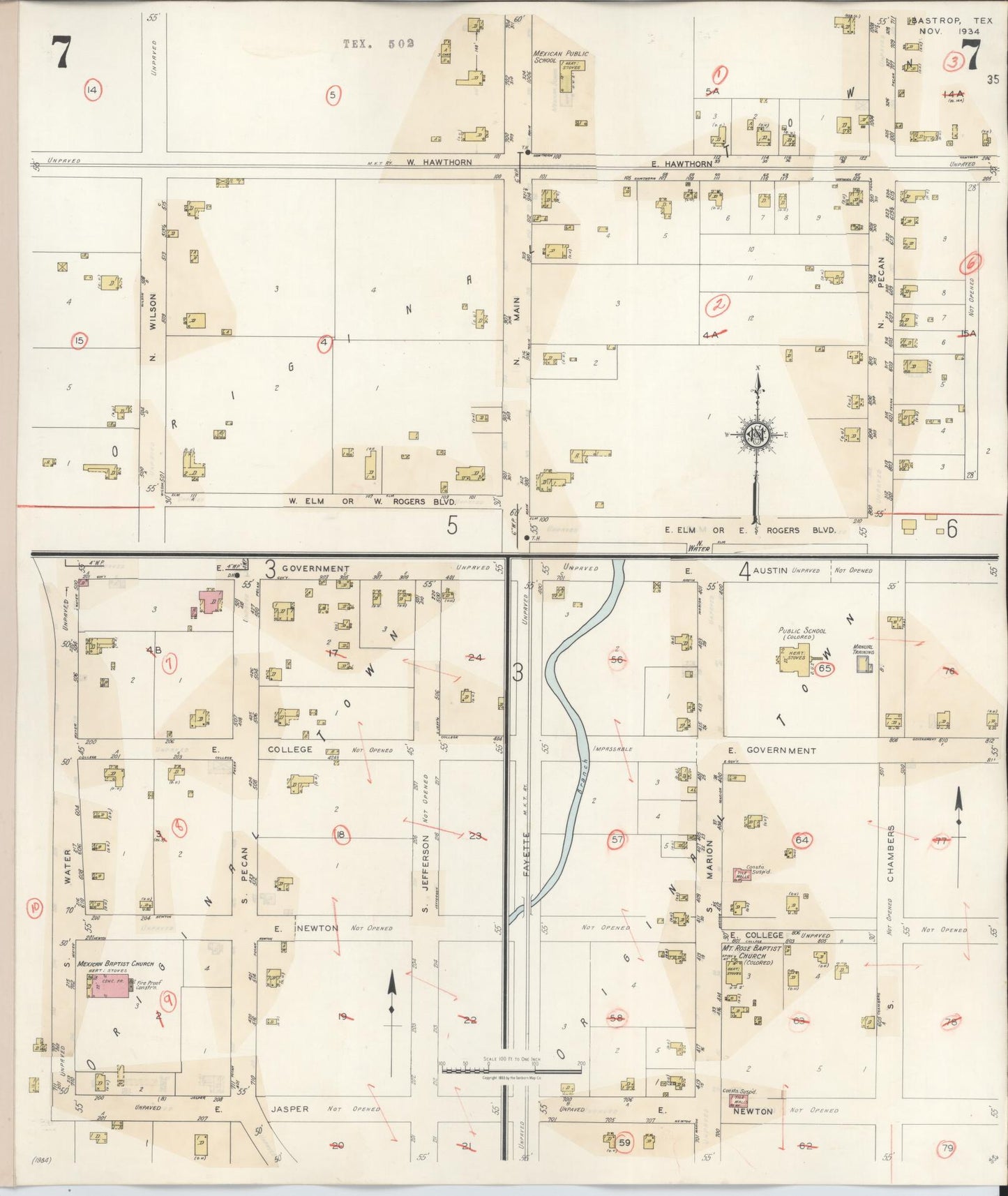 Sanborn Fire Insurance Map from Bastrop, Bastrop County, Texas (1944), Sheet #0007 - Complete Map Set gallery image, historic Sanborn map, vintage wall art, Texas Texas