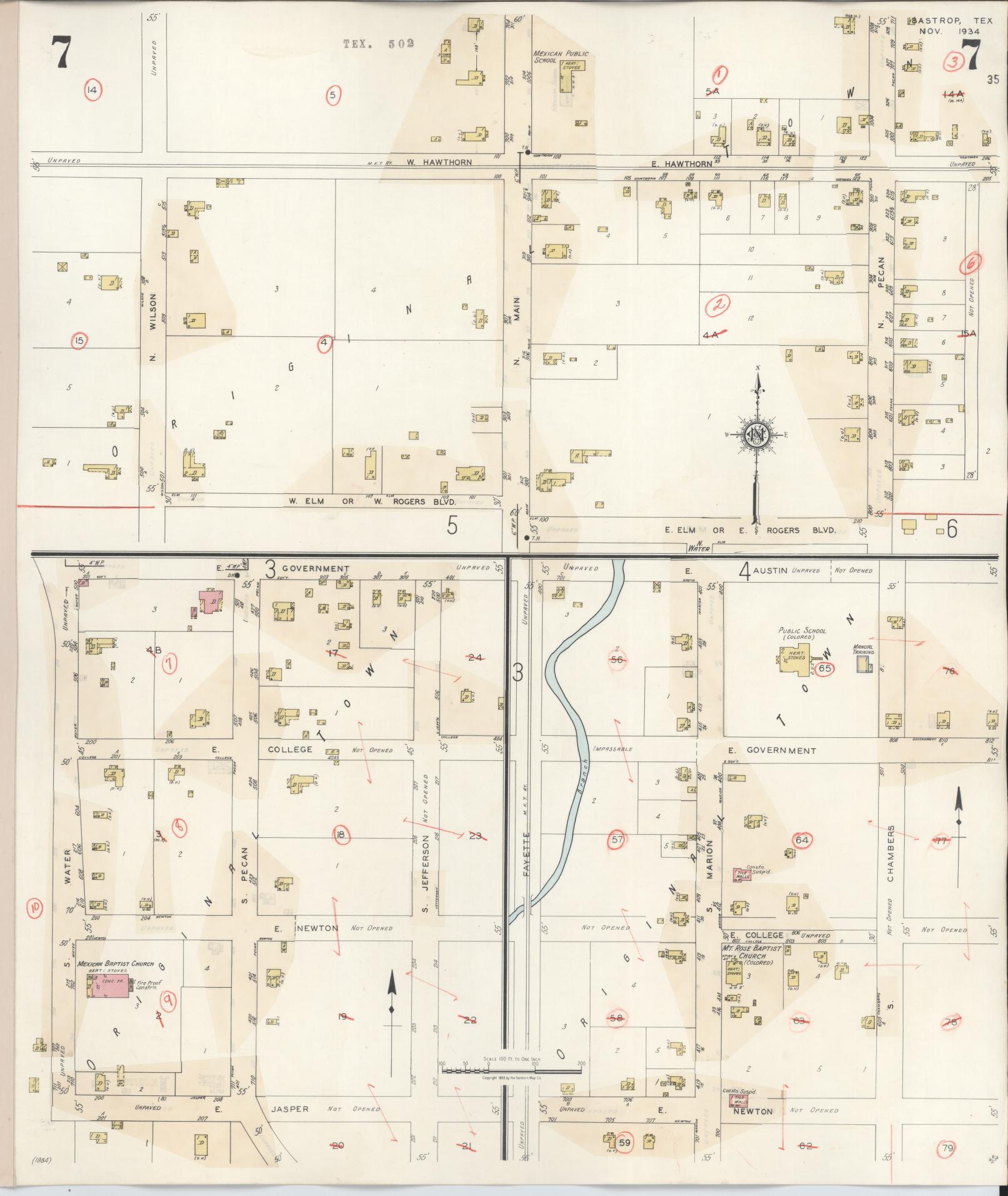 Sanborn Fire Insurance Map from Bastrop, Bastrop County, Texas (1944), Sheet #0007 - Complete Map Set gallery image, historic Sanborn map, vintage wall art, Texas Texas