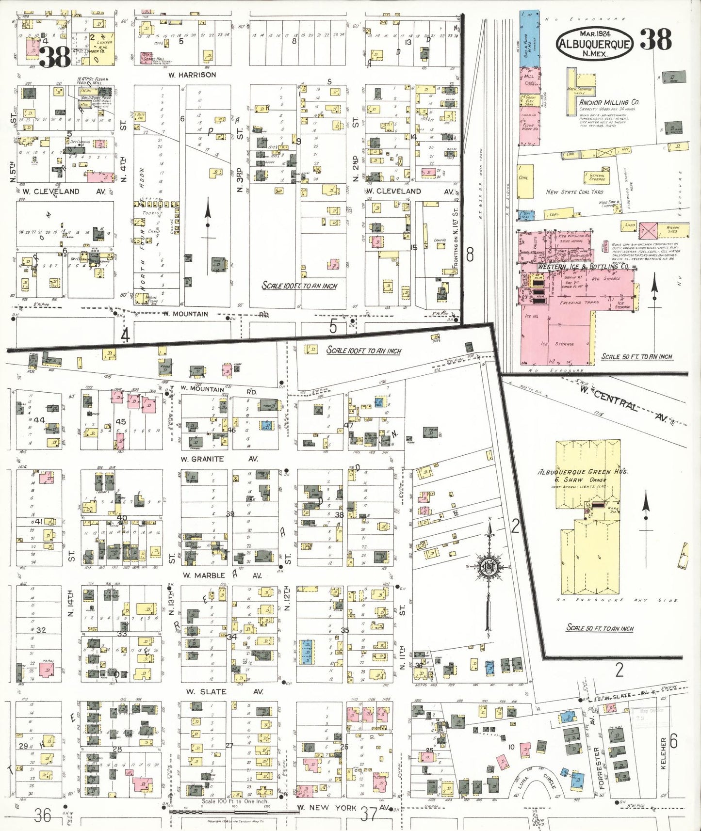 Sanborn Fire Insurance Map from Albuquerque, Bernalillo County, New Mexico (1924), Sheet #0038 - Historic Sanborn Fire Insurance Map Print, vintage old map wall art, antique decor, genealogy gift, New Mexico New Mexico map