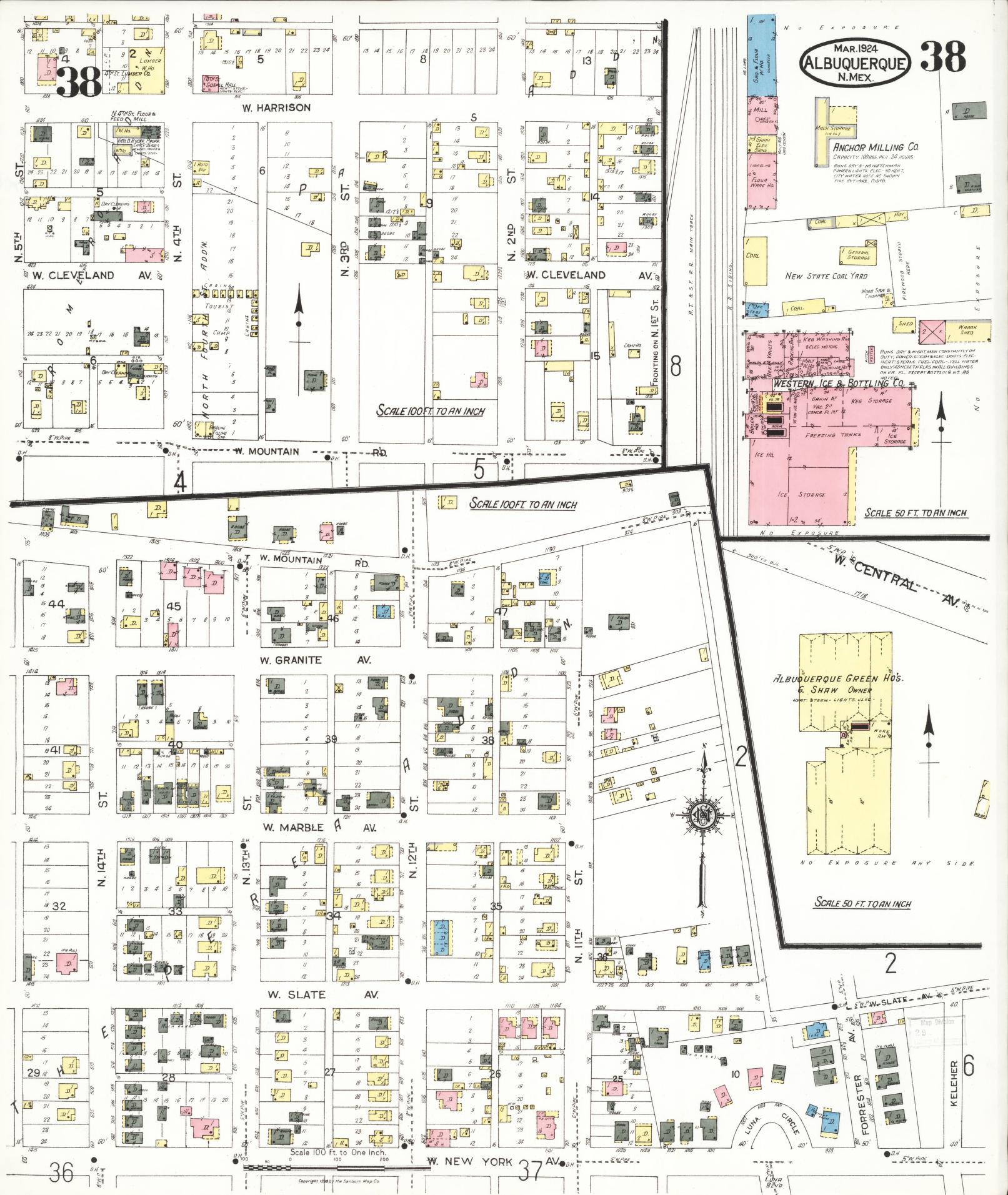 Sanborn Fire Insurance Map from Albuquerque, Bernalillo County, New Mexico (1924), Sheet #0038 - Historic Sanborn Fire Insurance Map Print, vintage old map wall art, antique decor, genealogy gift, New Mexico New Mexico map