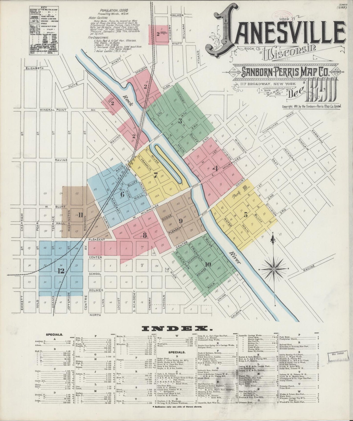 Sanborn Fire Insurance Map from Janesville, Rock County, Wisconsin (1890), Sheet #0001 - Historic Sanborn Fire Insurance Map Print, vintage old map wall art, antique decor, genealogy gift, Wisconsin Wisconsin map