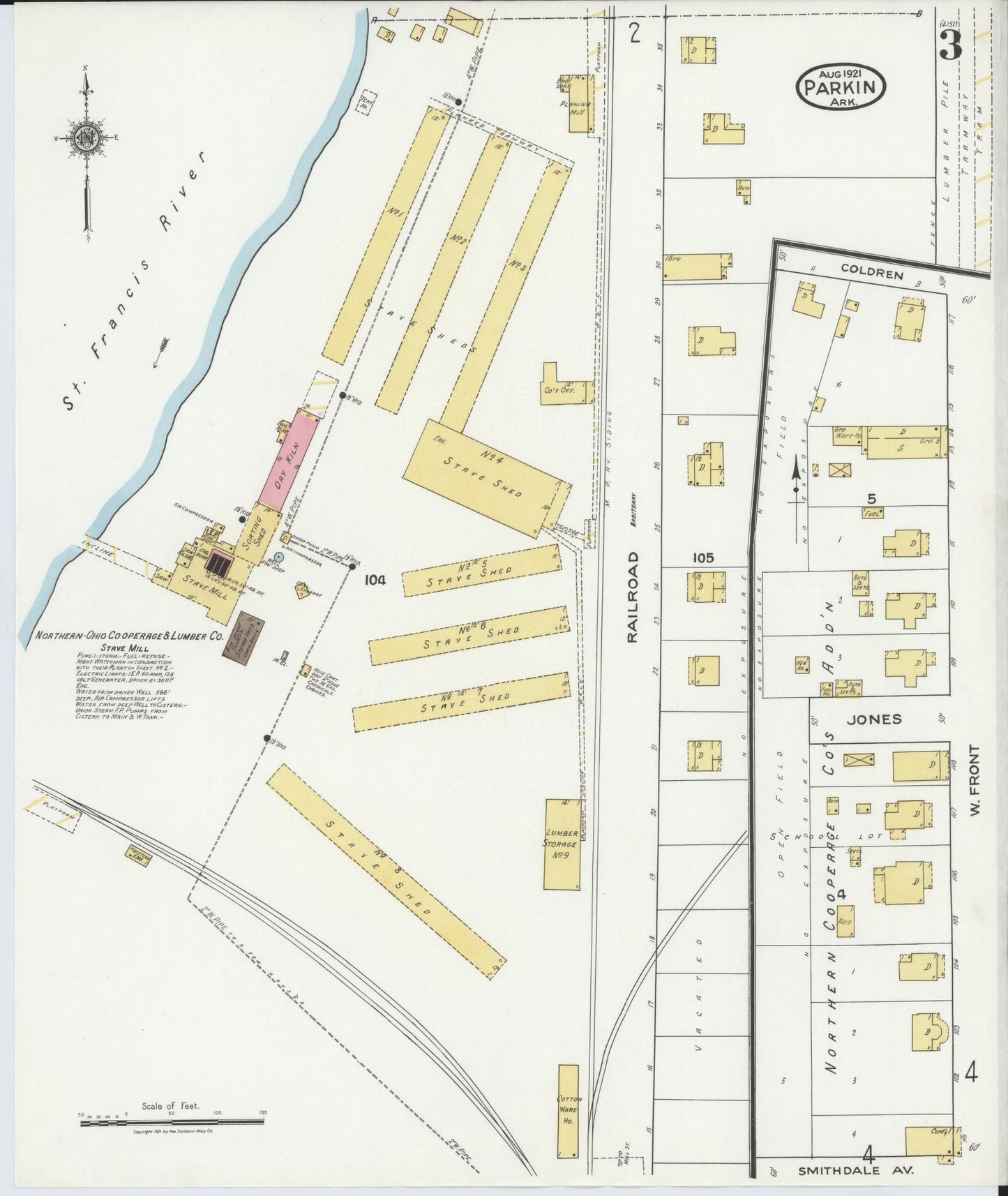 Sanborn Fire Insurance Map from Parkin, Cross County, Arkansas (1921), Sheet #0003 - Complete Map Set gallery image, historic Sanborn map, vintage wall art, Arkansas Arkansas