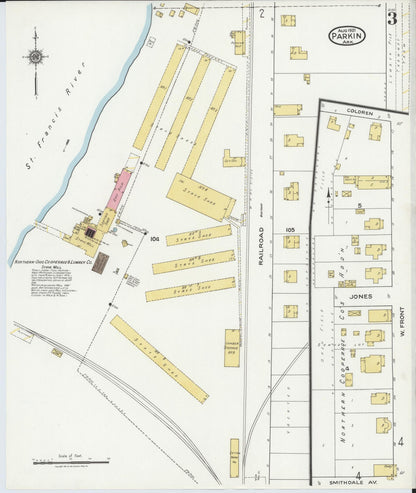 Sanborn Fire Insurance Map from Parkin, Cross County, Arkansas (1921), Sheet #0003 - Complete Map Set gallery image, historic Sanborn map, vintage wall art, Arkansas Arkansas