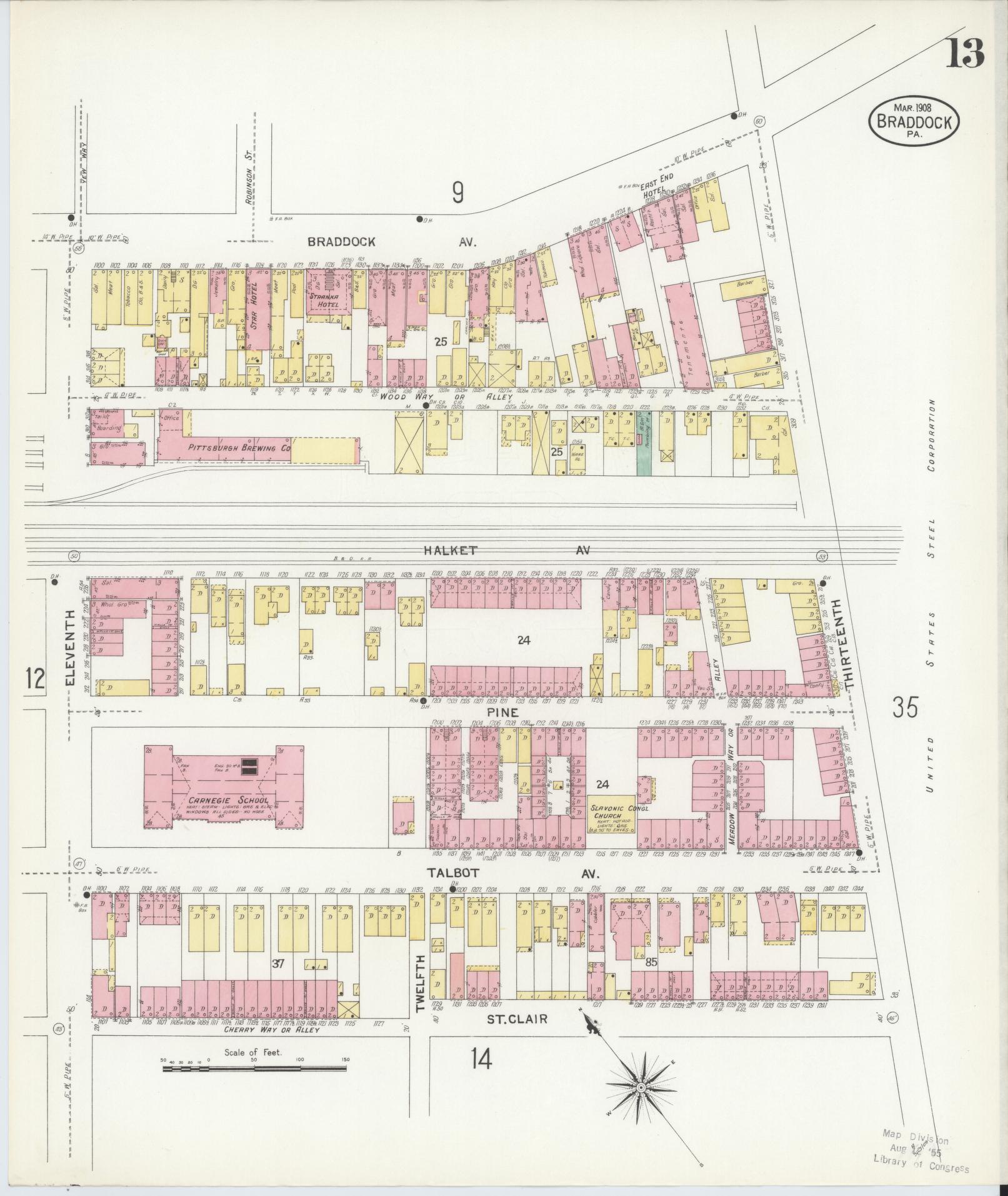 Sanborn Fire Insurance Map from Braddock, Allegheny County, Pennsylvania (1908), Sheet #0013 - Historic Sanborn Fire Insurance Map Print, vintage old map wall art, antique decor, genealogy gift, Pennsylvania Pennsylvania map
