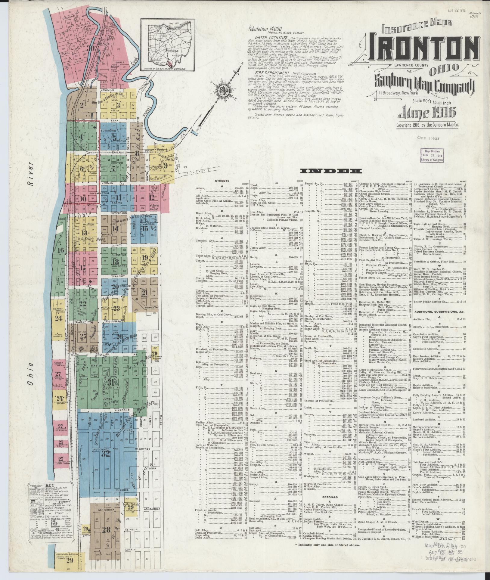 Sanborn Fire Insurance Map from Ironton, Lawrence County, Ohio (1916), Sheet #0001 - Historic Sanborn Fire Insurance Map Print, vintage old map wall art, antique decor, genealogy gift, Ohio Ohio map