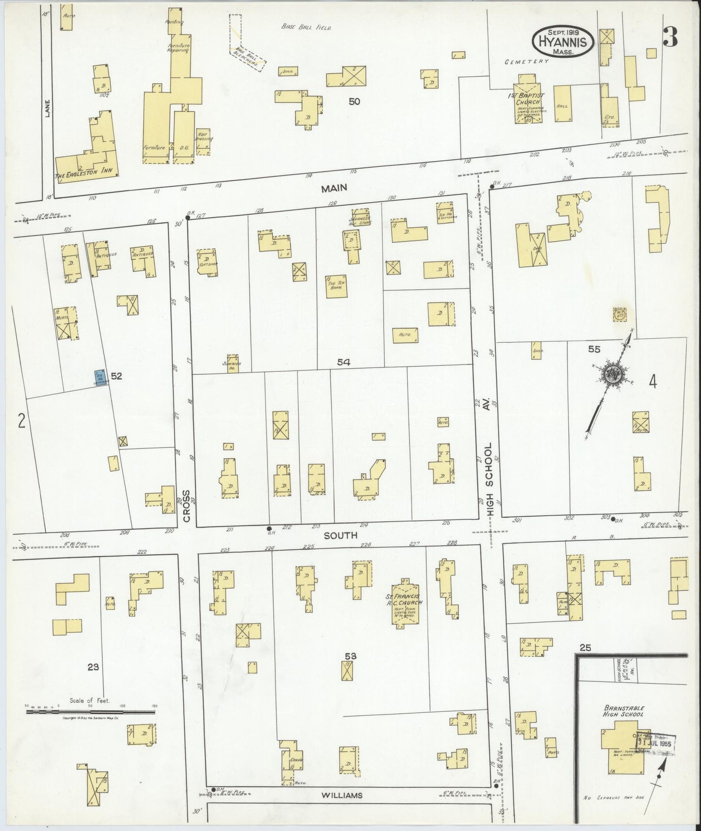 Sanborn Fire Insurance Map from Hyannis, Barnstable County, Massachusetts (1919), Sheet #0003 - Complete Map Set gallery image, historic Sanborn map, vintage wall art, Massachusetts Massachusetts