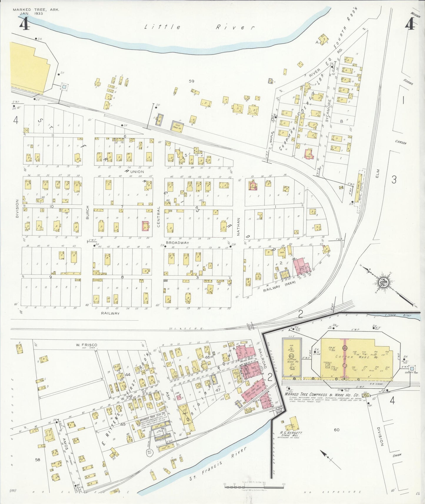 Sanborn Fire Insurance Map from Marked Tree, Poinsett County, Arkansas (1933), Sheet #0004 - Historic Sanborn Fire Insurance Map Print, vintage old map wall art, antique decor, genealogy gift, Arkansas Arkansas map