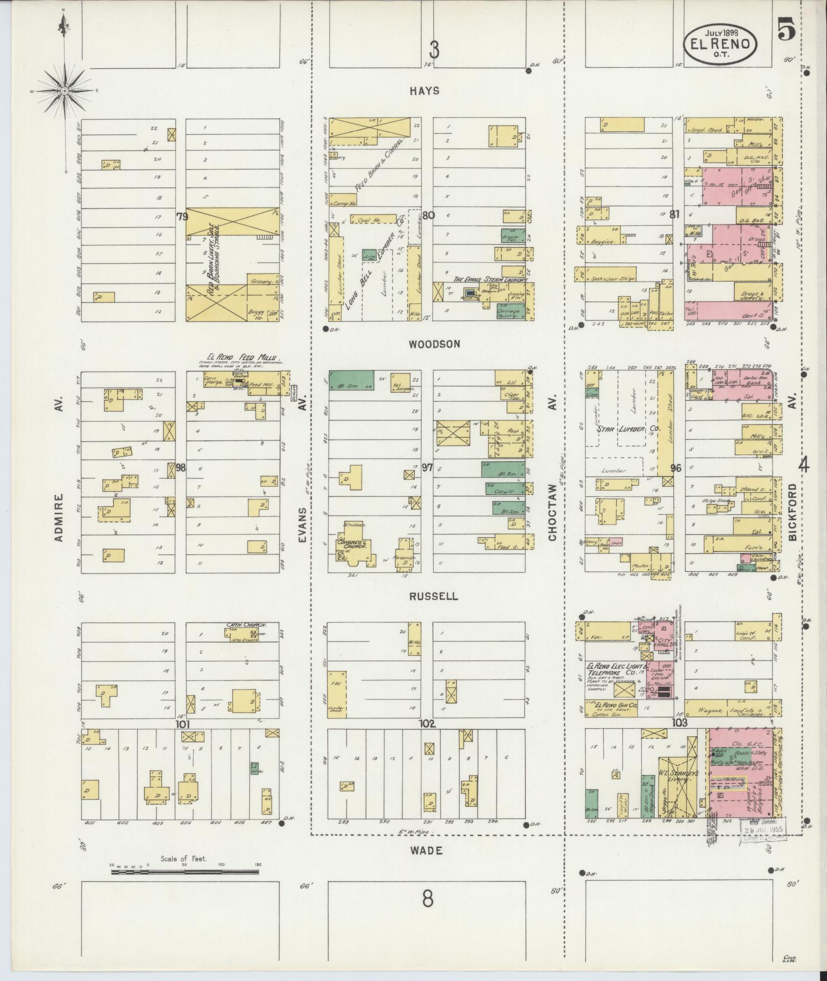 Sanborn Fire Insurance Map from El Reno, Canadian County, Oklahoma (1898), Sheet #0005 - Historic Sanborn Fire Insurance Map Print, vintage old map wall art, antique decor, genealogy gift, Oklahoma Oklahoma map