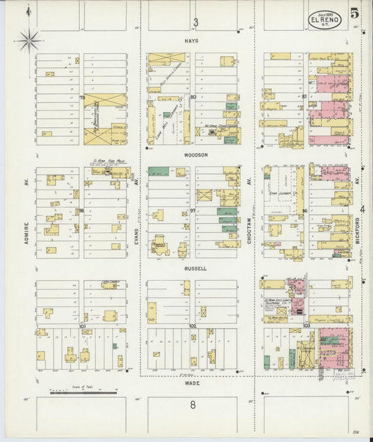 Sanborn Fire Insurance Map from El Reno, Canadian County, Oklahoma (1898), Sheet #0005 - Historic Sanborn Fire Insurance Map Print, vintage old map wall art, antique decor, genealogy gift, Oklahoma Oklahoma map