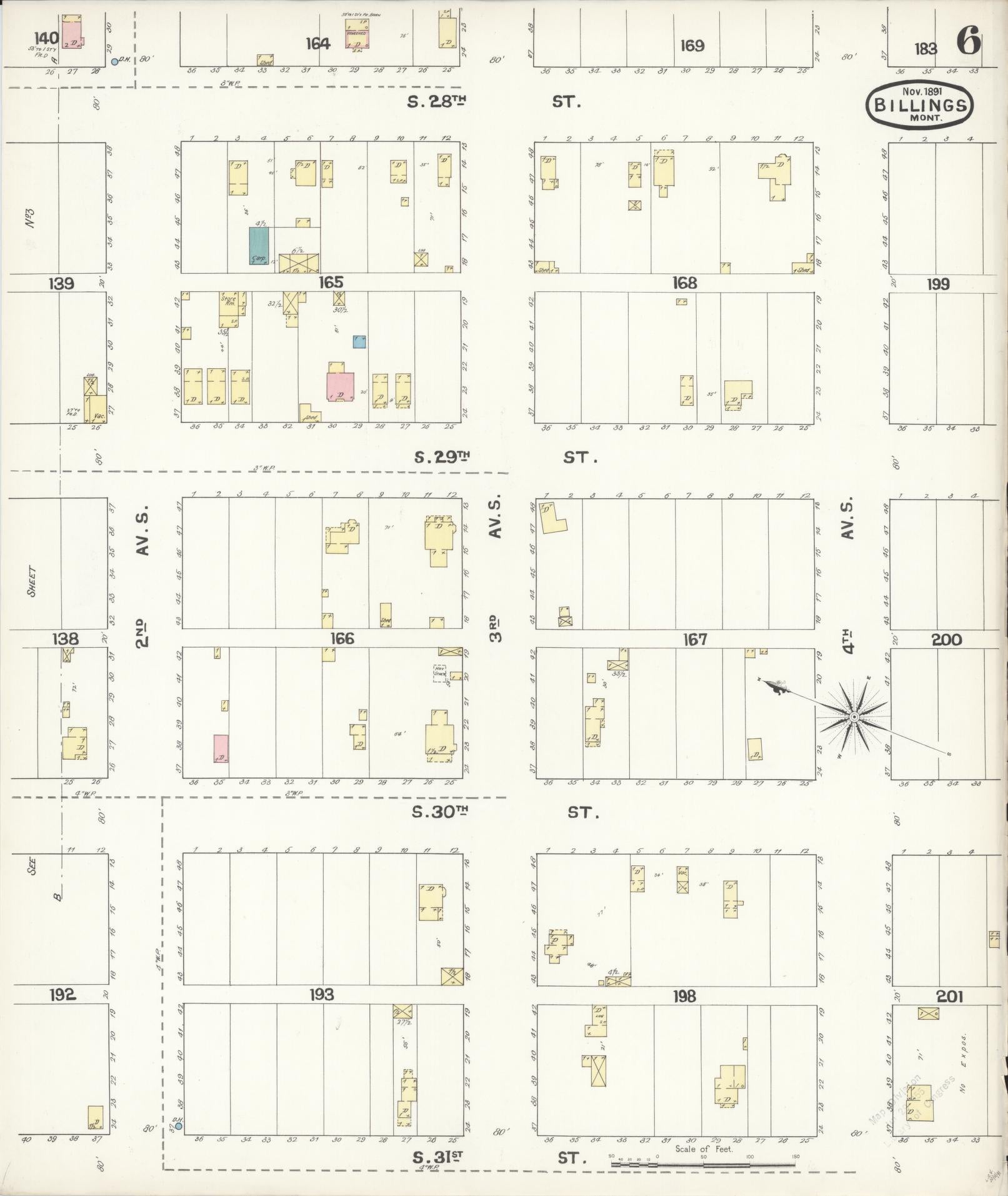 Sanborn Fire Insurance Map from Billings, Yellowstone County, Montana (1891), Sheet #0006 - Complete Map Set gallery image, historic Sanborn map, vintage wall art, Montana Montana