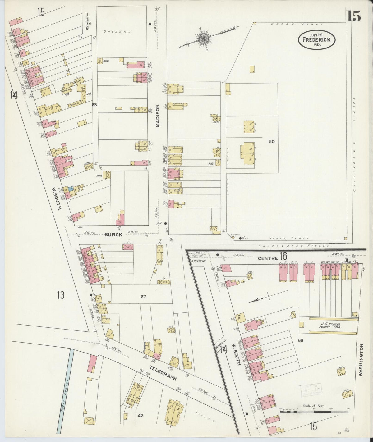 Sanborn Fire Insurance Map from Frederick, Frederick County, Maryland (1911), Sheet #0015 - Historic Sanborn Fire Insurance Map Print, vintage old map wall art, antique decor, genealogy gift, Maryland Maryland map