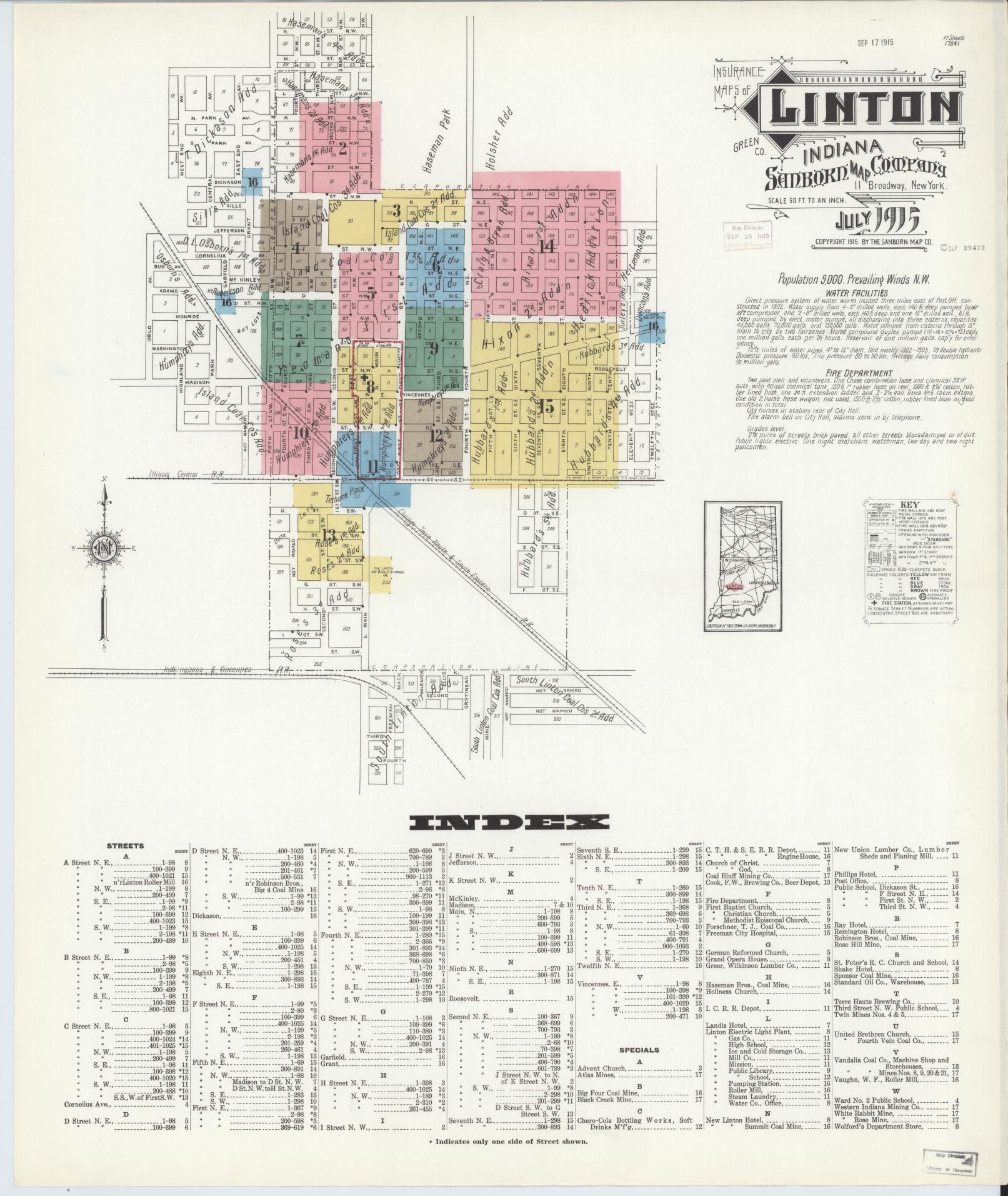 Sanborn Fire Insurance Map from Linton, Greene County, Indiana (1915), Sheet #0001 - Complete Map Set gallery image, historic Sanborn map, vintage wall art, Indiana Indiana