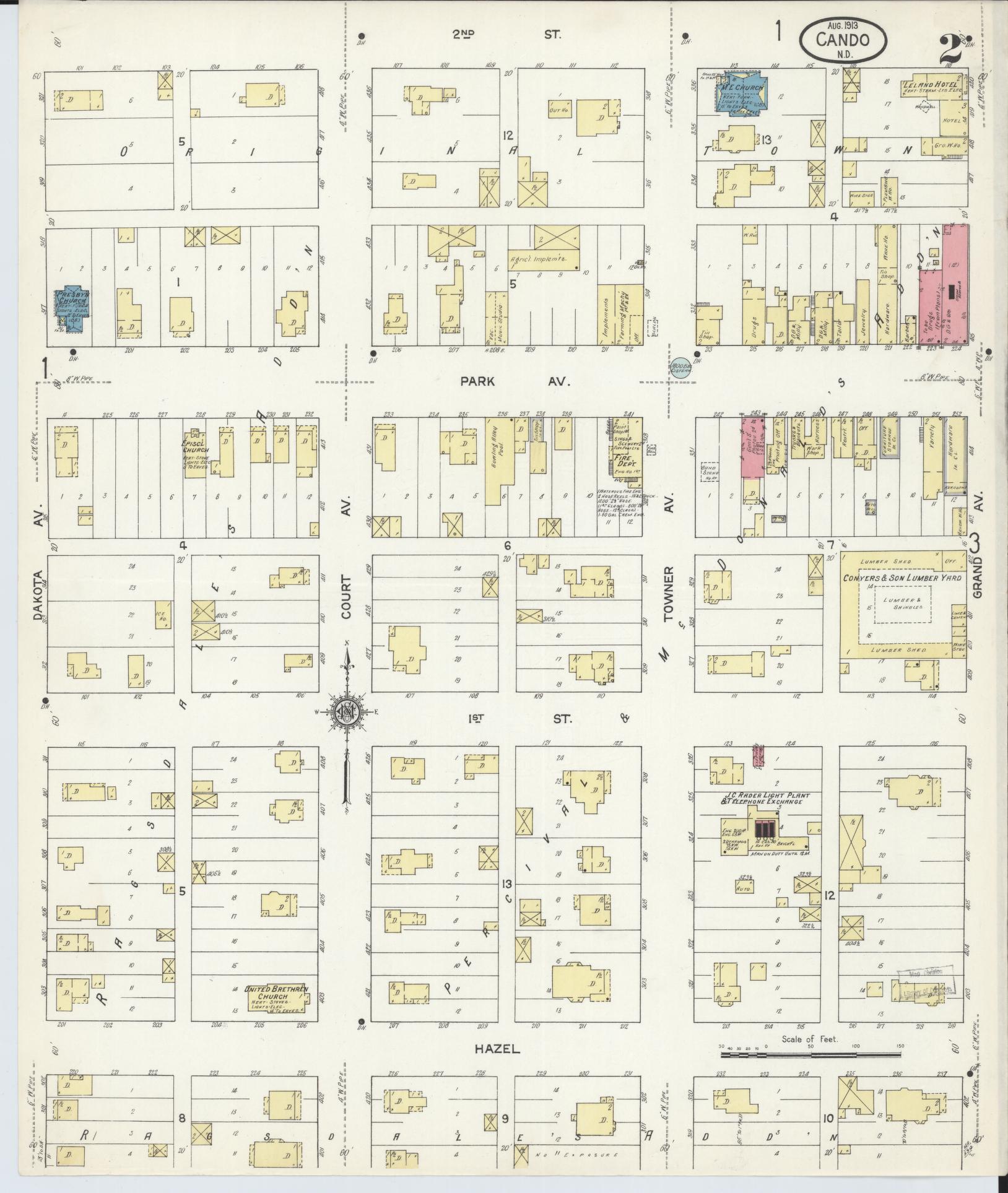Sanborn Fire Insurance Map from Cando, Towner County, North Dakota (1913), Sheet #0002 - Historic Sanborn Fire Insurance Map Print, vintage old map wall art, antique decor, genealogy gift, North Dakota North Dakota map