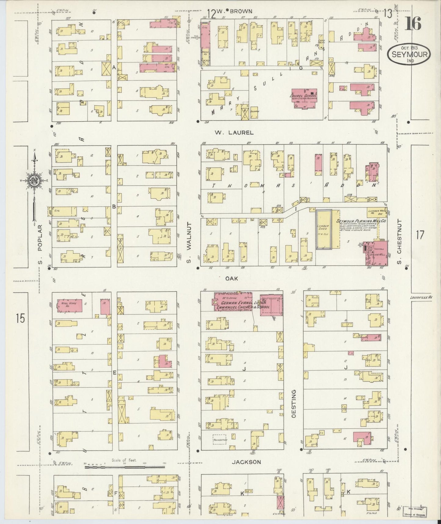 Sanborn Fire Insurance Map from Seymour, Jackson County, Indiana (1913), Sheet #0016 - Historic Sanborn Fire Insurance Map Print, vintage old map wall art, antique decor, genealogy gift, Indiana Indiana map