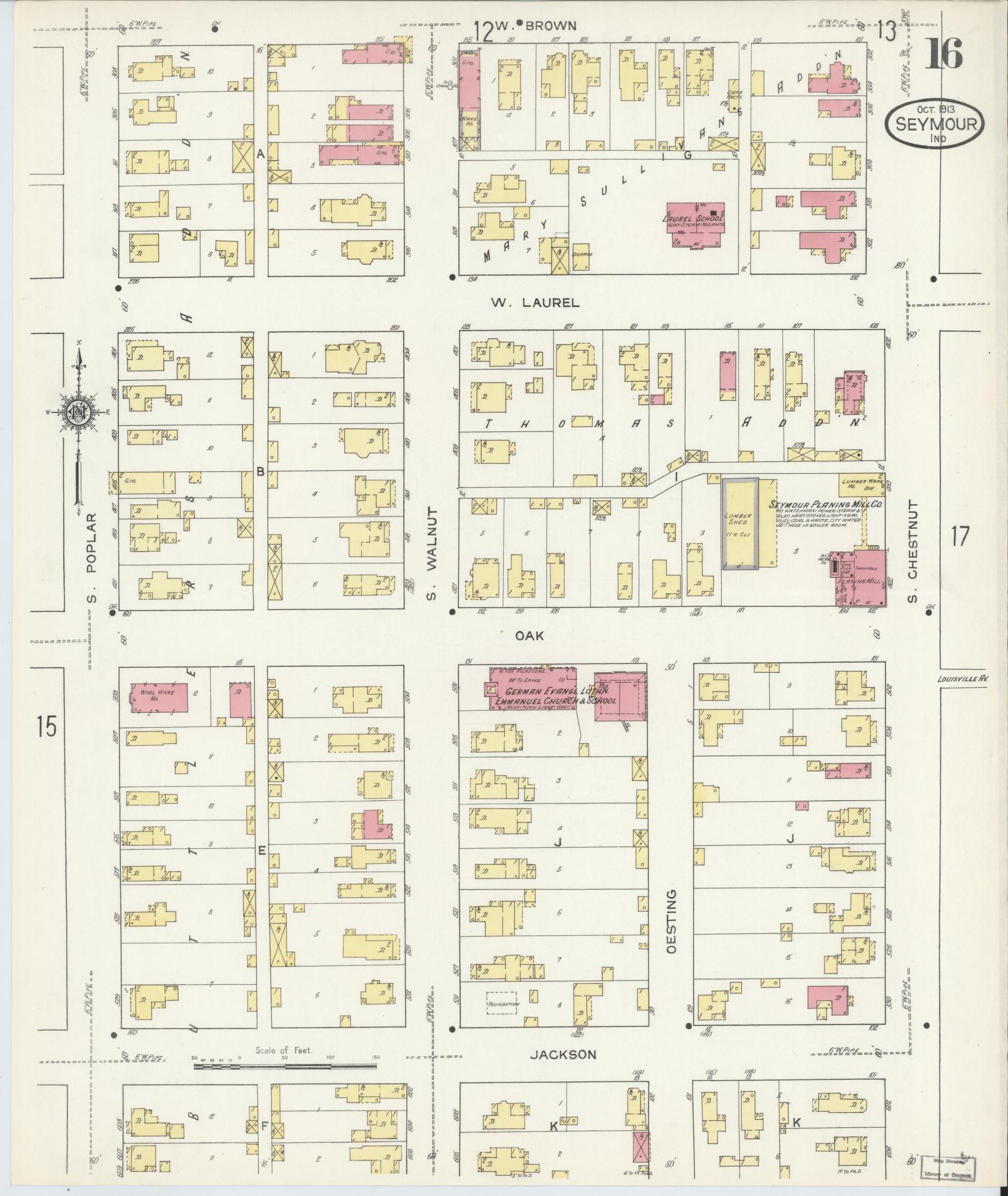 Sanborn Fire Insurance Map from Seymour, Jackson County, Indiana (1913), Sheet #0016 - Historic Sanborn Fire Insurance Map Print, vintage old map wall art, antique decor, genealogy gift, Indiana Indiana map