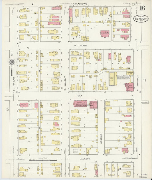 Sanborn Fire Insurance Map from Seymour, Jackson County, Indiana (1913), Sheet #0016 - Historic Sanborn Fire Insurance Map Print, vintage old map wall art, antique decor, genealogy gift, Indiana Indiana map