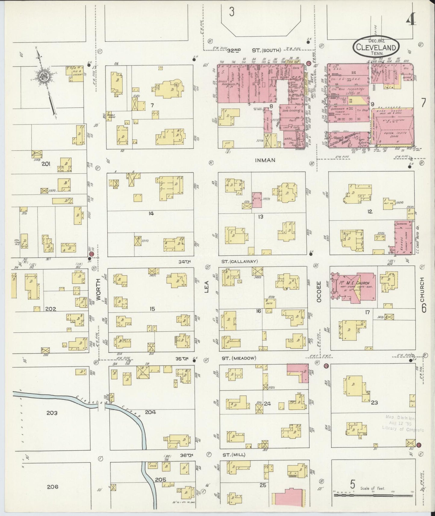 Sanborn Fire Insurance Map from Cleveland, Bradley County, Tennessee (1912), Sheet #0004 - Complete Map Set gallery image, historic Sanborn map, vintage wall art, Tennessee Tennessee