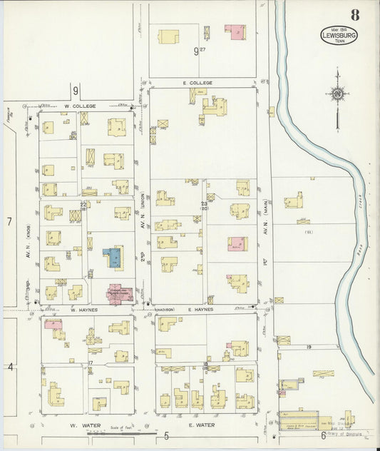 Sanborn Fire Insurance Map from Lewisburg, Marshall County, Tennessee (1914), Sheet #0008 - Historic Sanborn Fire Insurance Map Print, vintage old map wall art, antique decor, genealogy gift, Tennessee Tennessee map