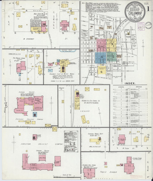 Sanborn Fire Insurance Map from Columbia, Boone County, Missouri (1902), Sheet #0001 - Complete Map Set gallery image, historic Sanborn map, vintage wall art, Missouri Missouri