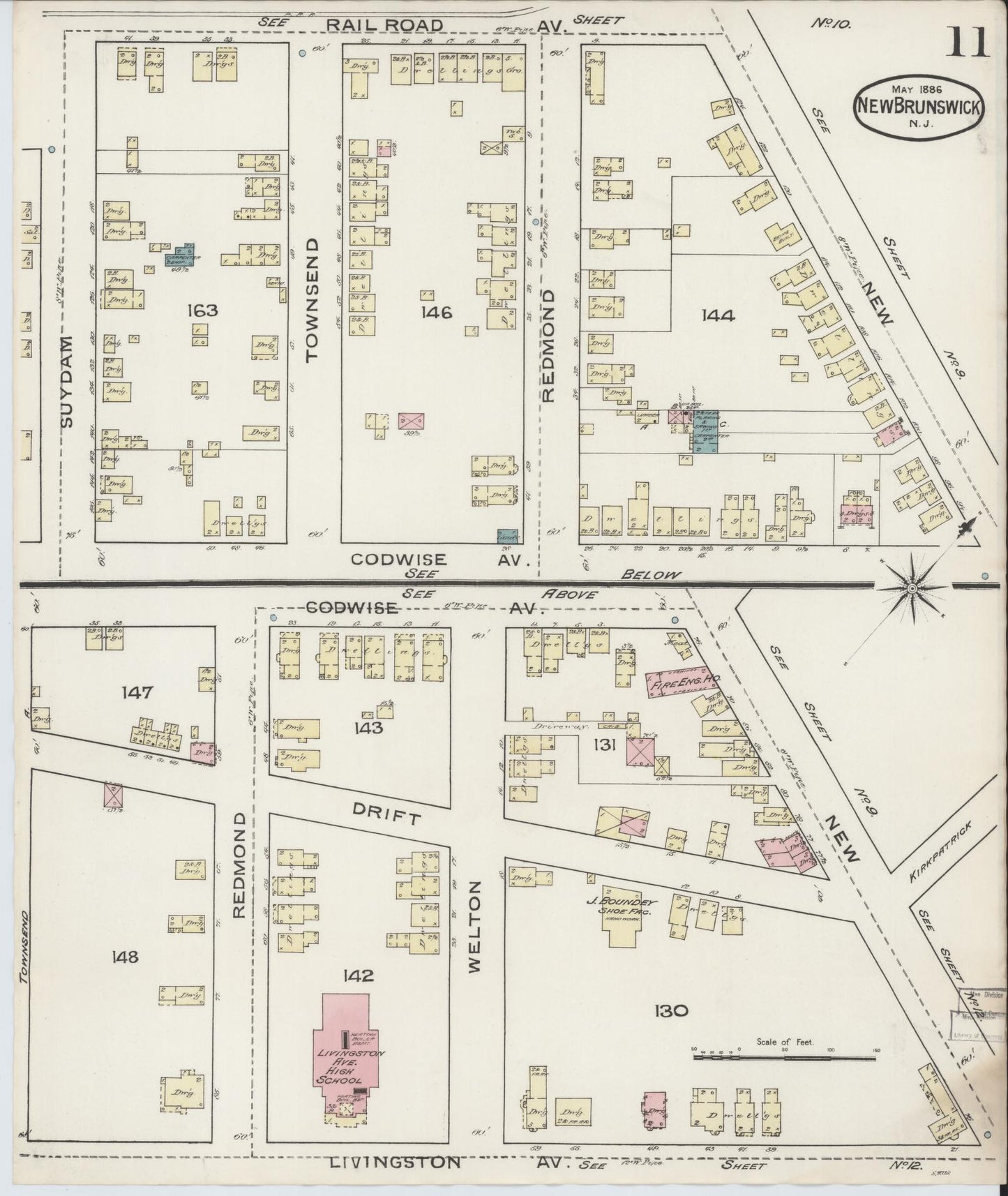 Sanborn Fire Insurance Map from New Brunswick, Middlesex County, New Jersey (1886), Sheet #0011 - Historic Sanborn Fire Insurance Map Print, vintage old map wall art, antique decor, genealogy gift, New Jersey New Jersey map