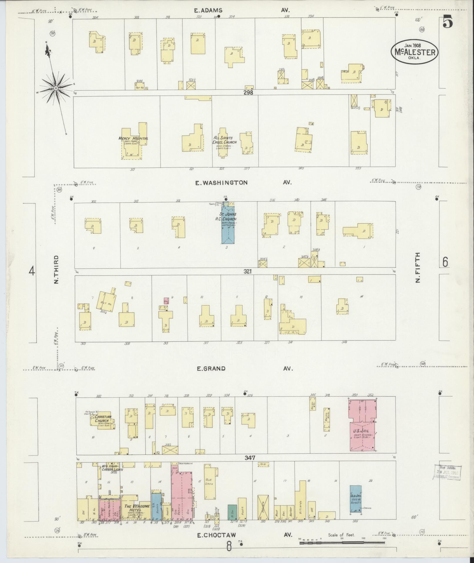 Sanborn Fire Insurance Map from McAlester, Pittsburg County, Oklahoma (1908), Sheet #0005 - Historic Sanborn Fire Insurance Map Print, vintage old map wall art, antique decor, genealogy gift, Oklahoma Oklahoma map