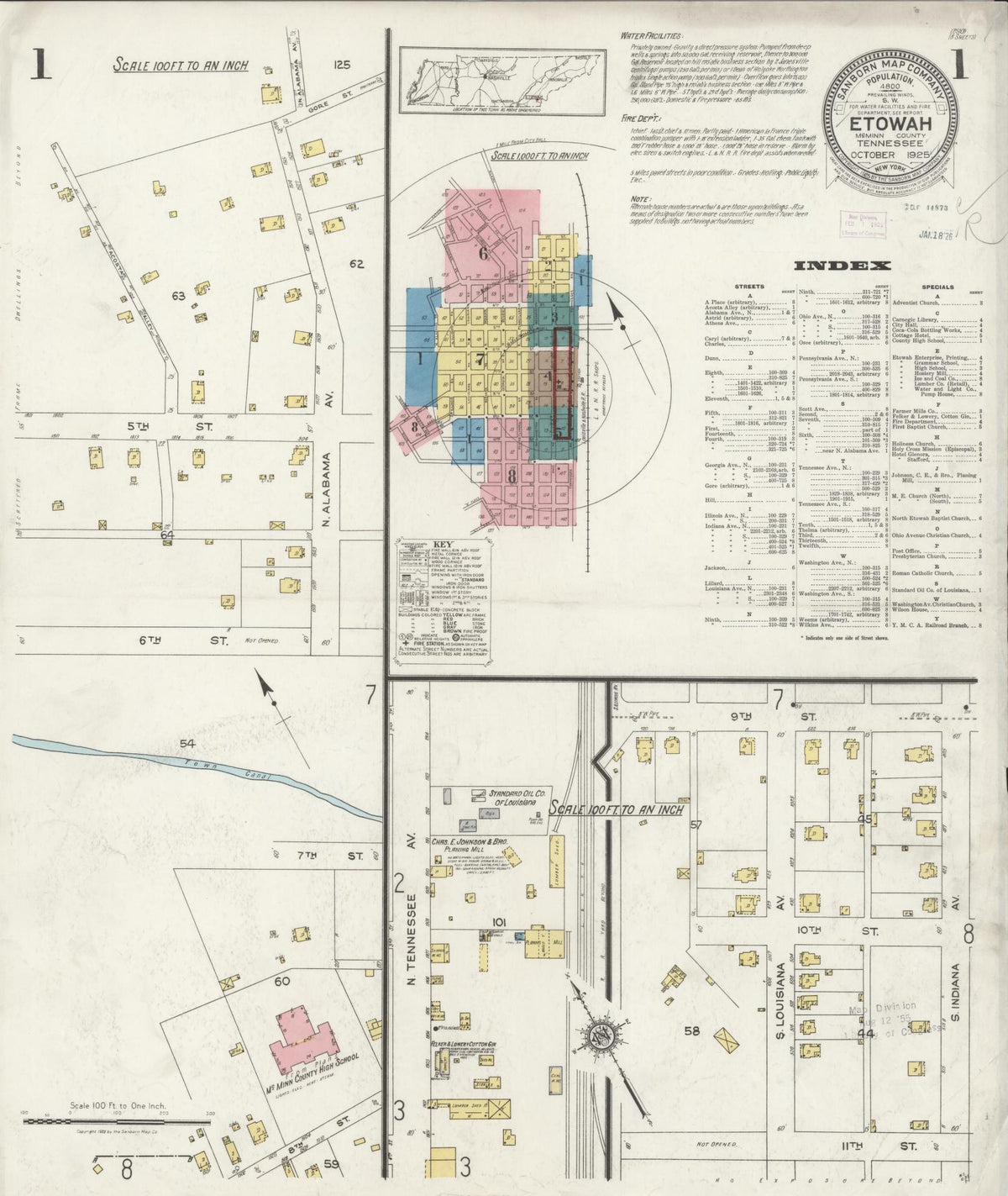 Sanborn Fire Insurance Map from Etowah, McMinn County, Tennessee (1925), Sheet #0001 - Complete Map Set gallery image, historic Sanborn map, vintage wall art, Tennessee Tennessee
