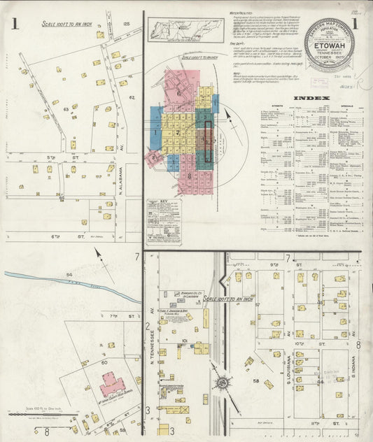 Sanborn Fire Insurance Map from Etowah, McMinn County, Tennessee (1925), Sheet #0001 - Complete Map Set gallery image, historic Sanborn map, vintage wall art, Tennessee Tennessee