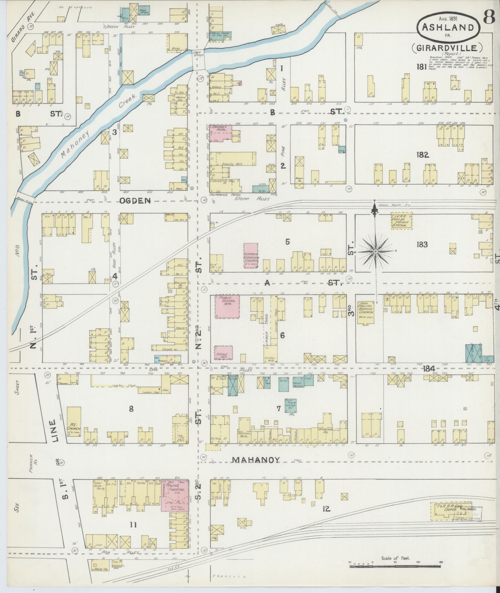 Sanborn Fire Insurance Map from Ashland, Schuylkill County, Pennsylvania (1891), Sheet #0008 - Historic Sanborn Fire Insurance Map Print, vintage old map wall art, antique decor, genealogy gift, Pennsylvania Pennsylvania map