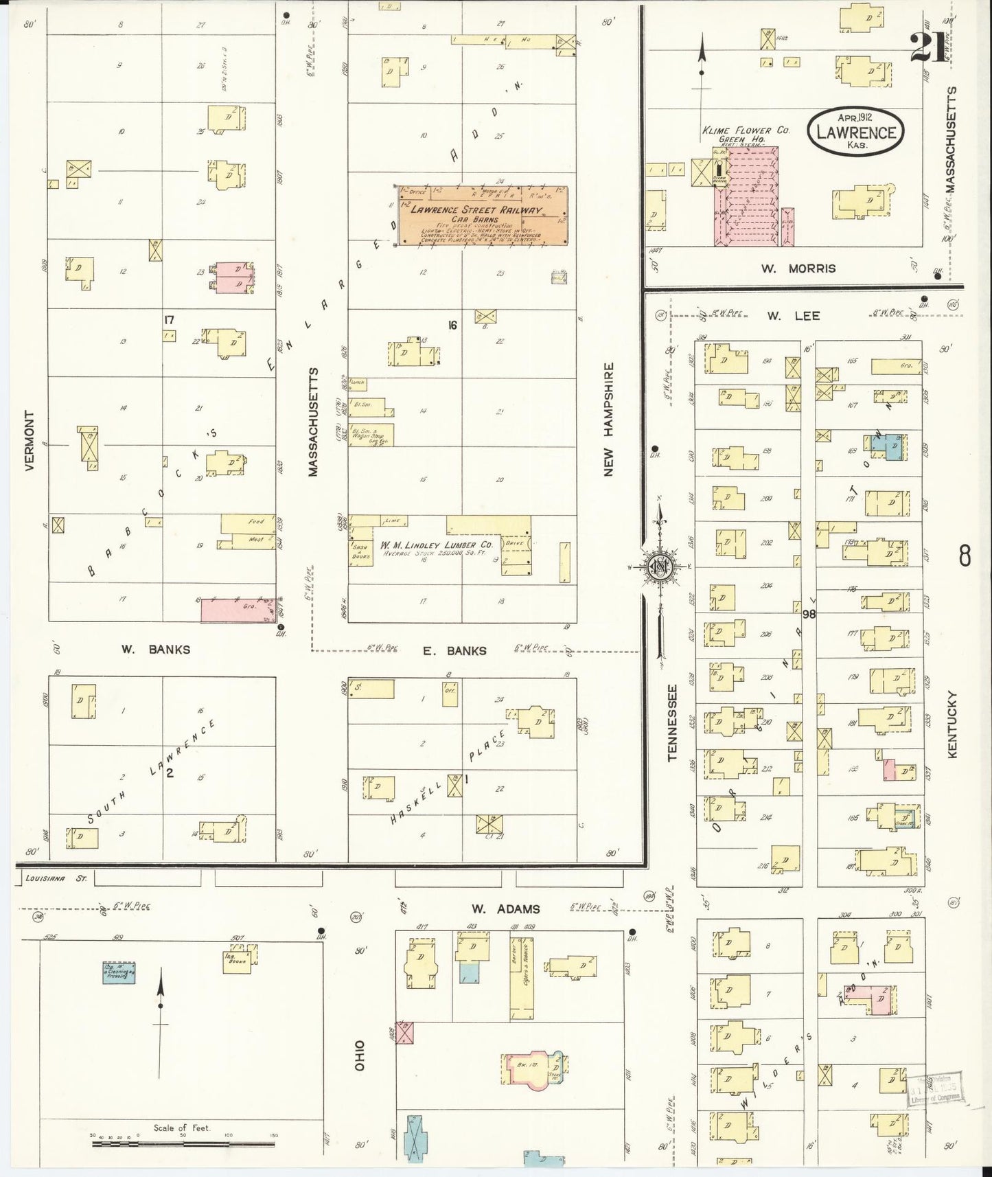 Sanborn Fire Insurance Map from Lawrence, Douglas County, Kansas (1912), Sheet #0021 - Complete Map Set gallery image, historic Sanborn map, vintage wall art, Kansas Kansas