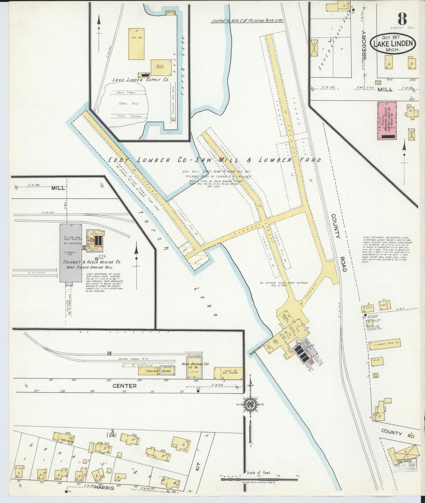 Sanborn Fire Insurance Map from Lake Linden, Houghton County, Michigan (1917), Sheet #0008 - Complete Map Set gallery image, historic Sanborn map, vintage wall art, Michigan Michigan