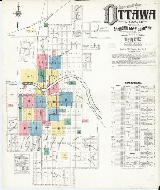 Sanborn Fire Insurance Map from Ottawa, Franklin County, Kansas (1912), Sheet #0001 - Historic Sanborn Fire Insurance Map Print, vintage old map wall art, antique decor, genealogy gift, Kansas Kansas map