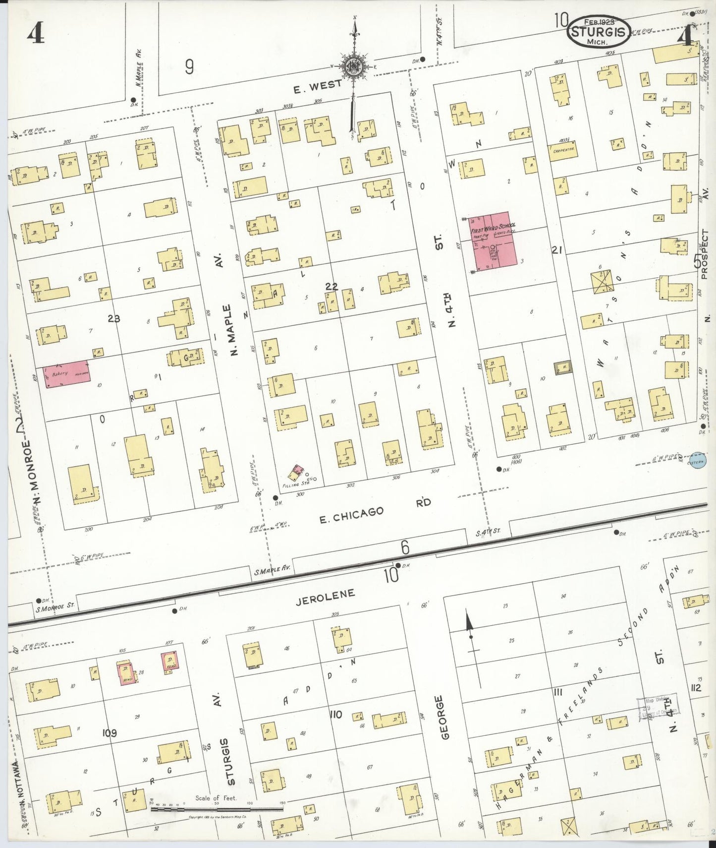 Sanborn Fire Insurance Map from Sturgis, Saint Joseph County, Michigan (1923), Sheet #0004 - Historic Sanborn Fire Insurance Map Print, vintage old map wall art, antique decor, genealogy gift, Michigan Michigan map