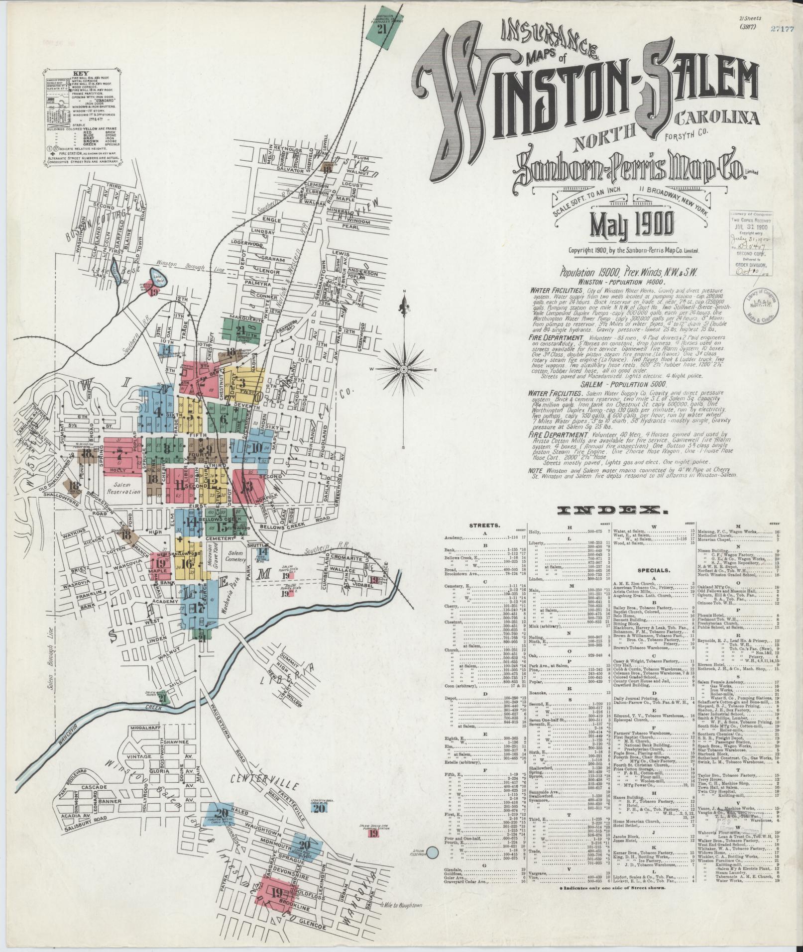 Sanborn Fire Insurance Map from Winston-Salem, Forsyth County, North Carolina (1900), Sheet #0001 - Complete Map Set gallery image, historic Sanborn map, vintage wall art, North Carolina North Carolina