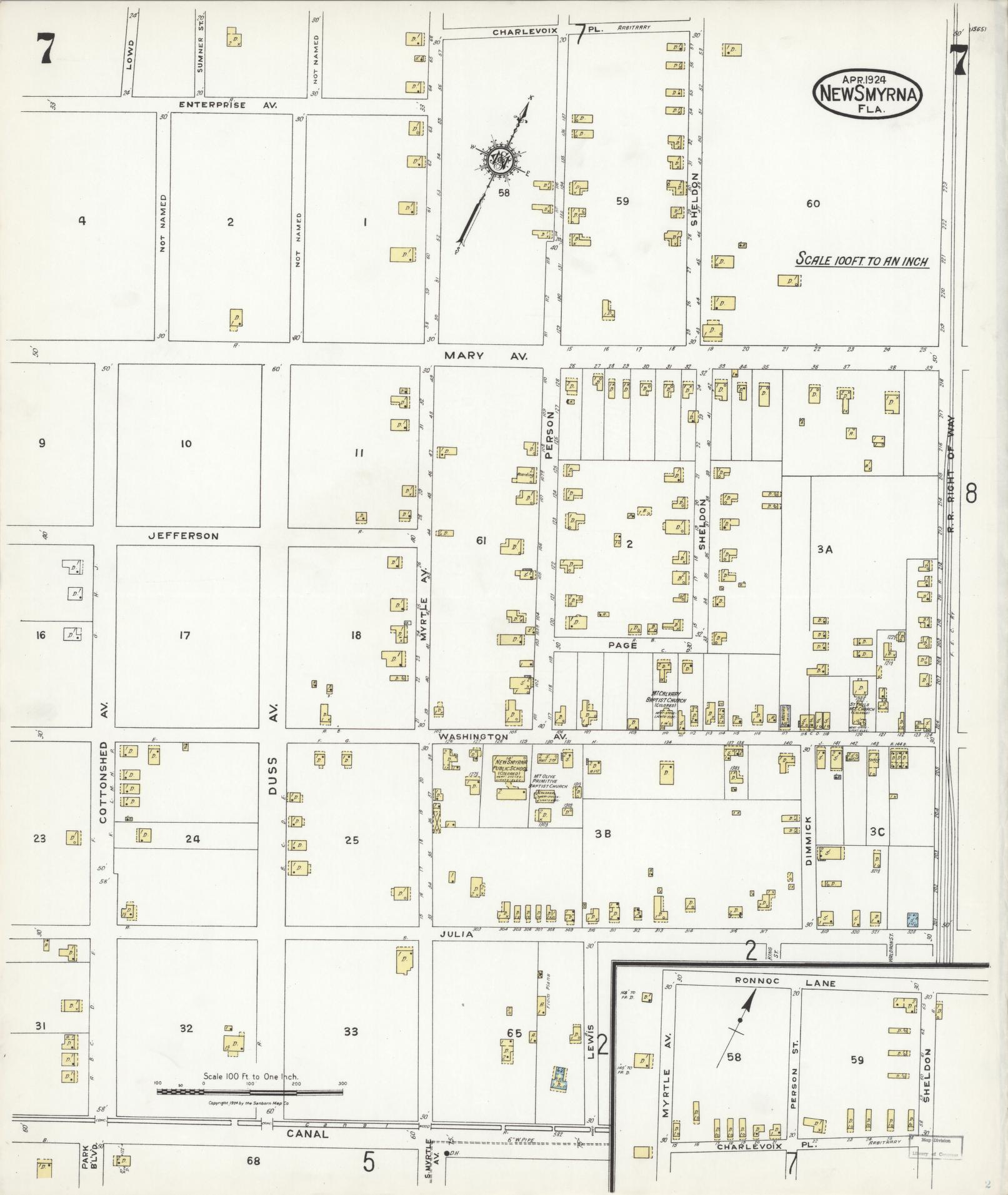 Sanborn Fire Insurance Map from New Smyrna, Valusia County, Florida (1924), Sheet #0007 - Historic Sanborn Fire Insurance Map Print, vintage old map wall art, antique decor, genealogy gift, Florida Florida map