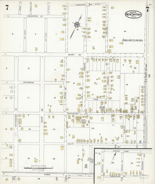 Sanborn Fire Insurance Map from New Smyrna, Valusia County, Florida (1924), Sheet #0007 - Historic Sanborn Fire Insurance Map Print, vintage old map wall art, antique decor, genealogy gift, Florida Florida map