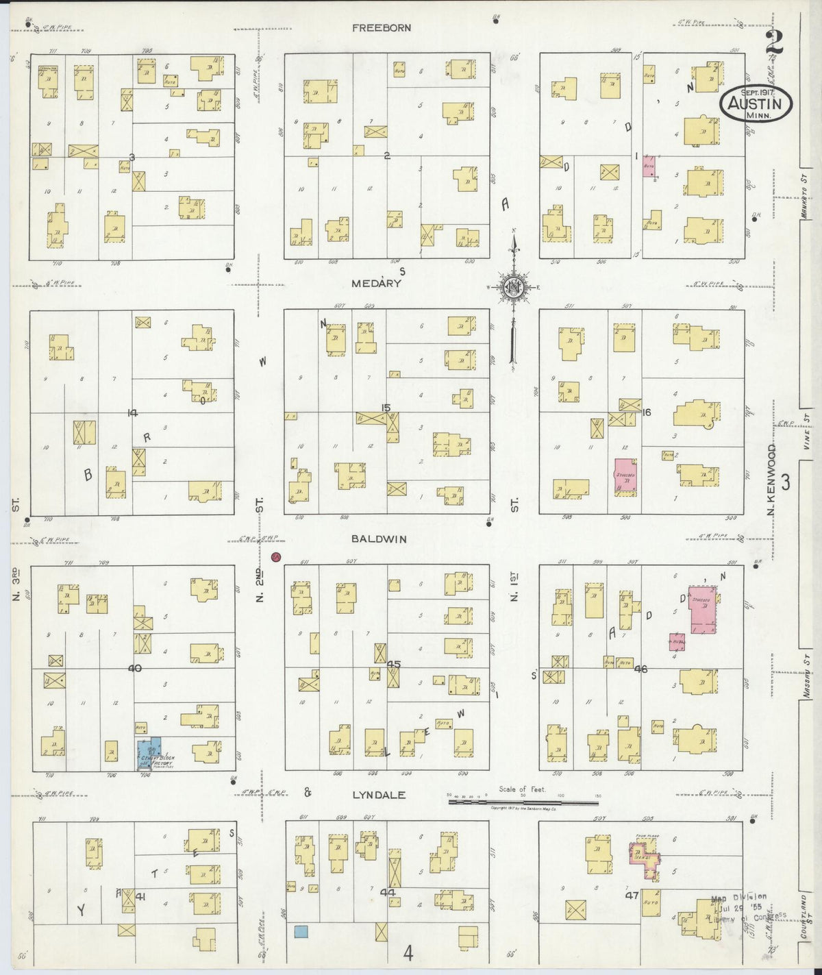 Sanborn Fire Insurance Map from Austin, Mower County, Minnesota (1917), Sheet #0002 - Historic Sanborn Fire Insurance Map Print, vintage old map wall art, antique decor, genealogy gift, Minnesota Minnesota map