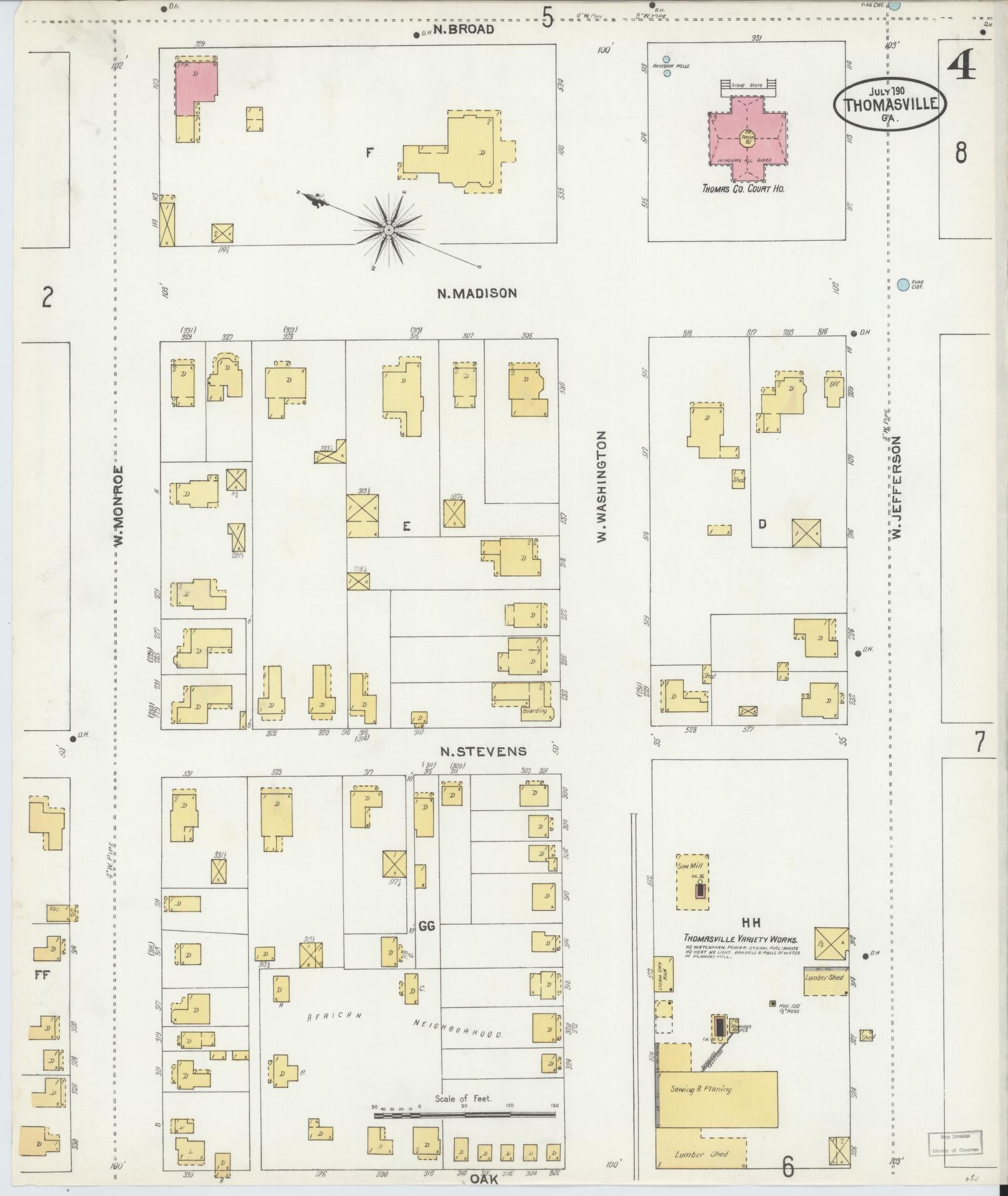 Sanborn Fire Insurance Map from Thomasville, Thomas County, Georgia (1905), Sheet #0004 - Historic Sanborn Fire Insurance Map Print, vintage old map wall art, antique decor, genealogy gift, Georgia Georgia map