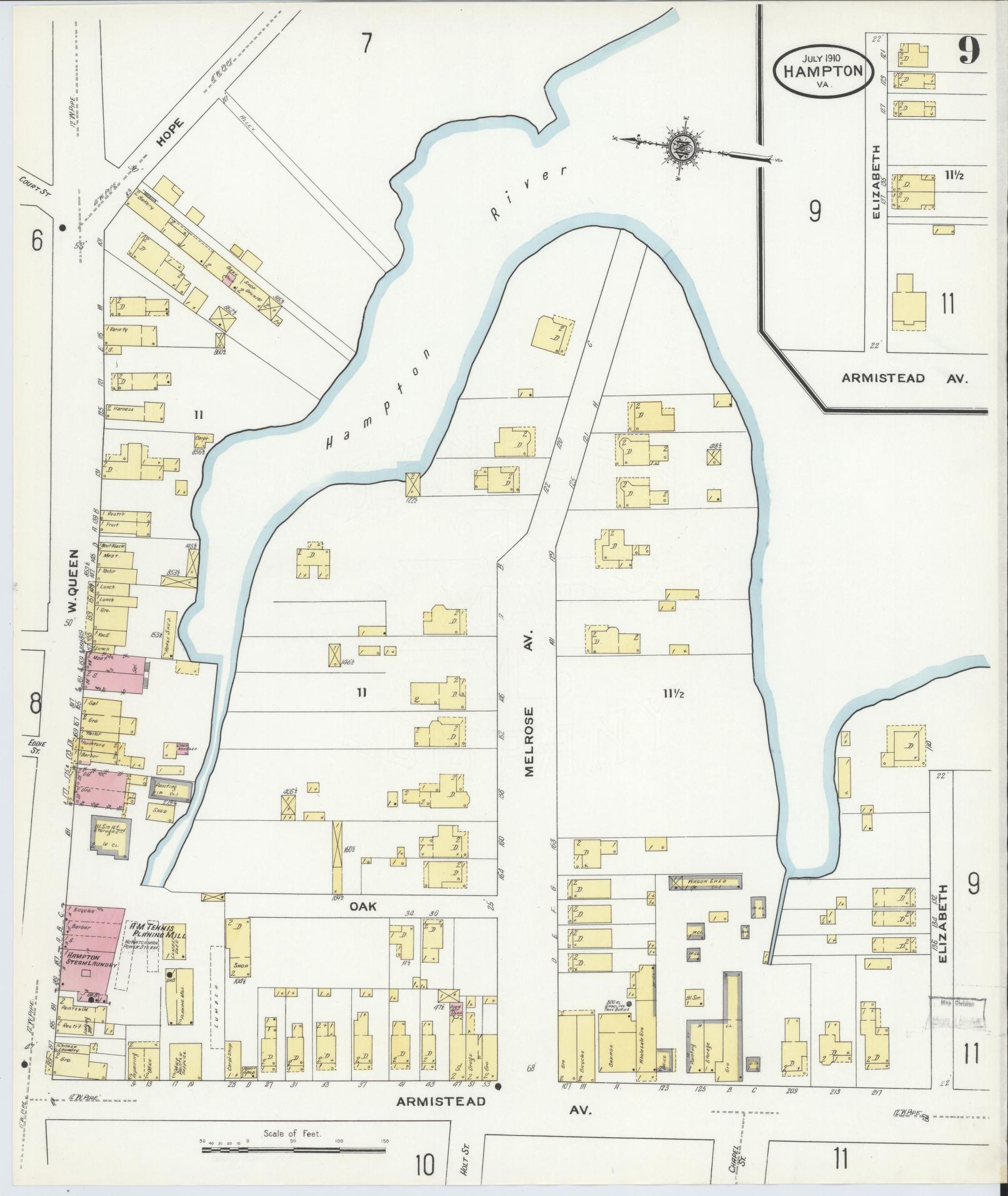 Sanborn Fire Insurance Map from Hampton, Independent Cities, Virginia (1910), Sheet #0009 - Complete Map Set gallery image, historic Sanborn map, vintage wall art, Virginia Virginia