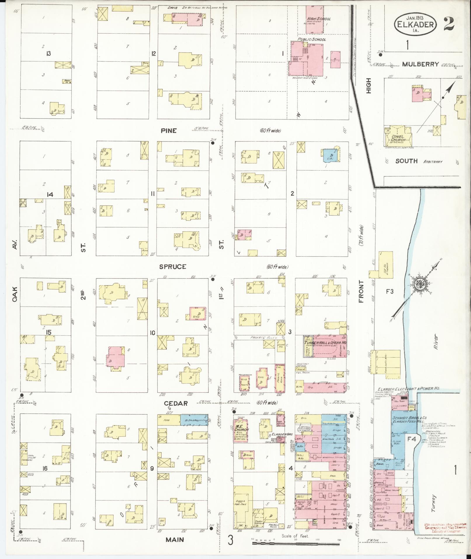 Sanborn Fire Insurance Map from Elkader, Clayton County, Iowa (1913), Sheet #0002 - Historic Sanborn Fire Insurance Map Print, vintage old map wall art