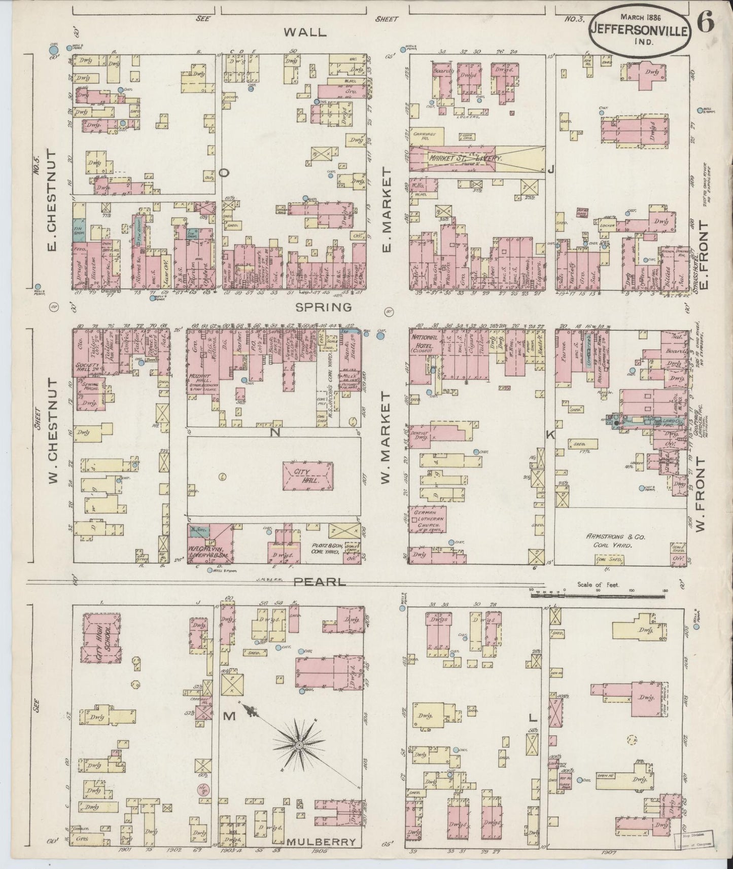 Sanborn Fire Insurance Map from Jeffersonville, Clark County, Indiana (1886), Sheet #0006 - Historic Sanborn Fire Insurance Map Print, vintage old map wall art, antique decor, genealogy gift, Indiana Indiana map