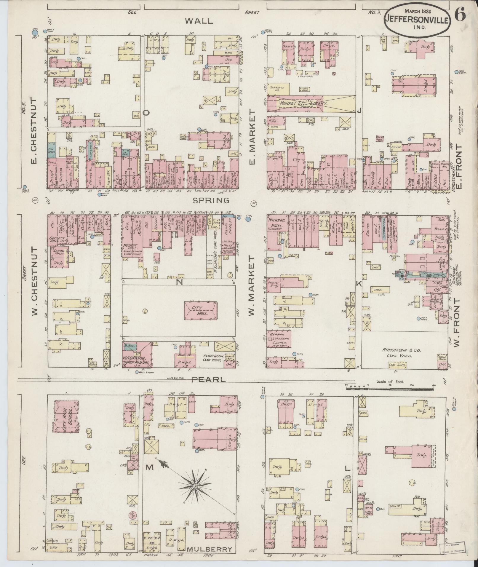 Sanborn Fire Insurance Map from Jeffersonville, Clark County, Indiana (1886), Sheet #0006 - Historic Sanborn Fire Insurance Map Print, vintage old map wall art, antique decor, genealogy gift, Indiana Indiana map